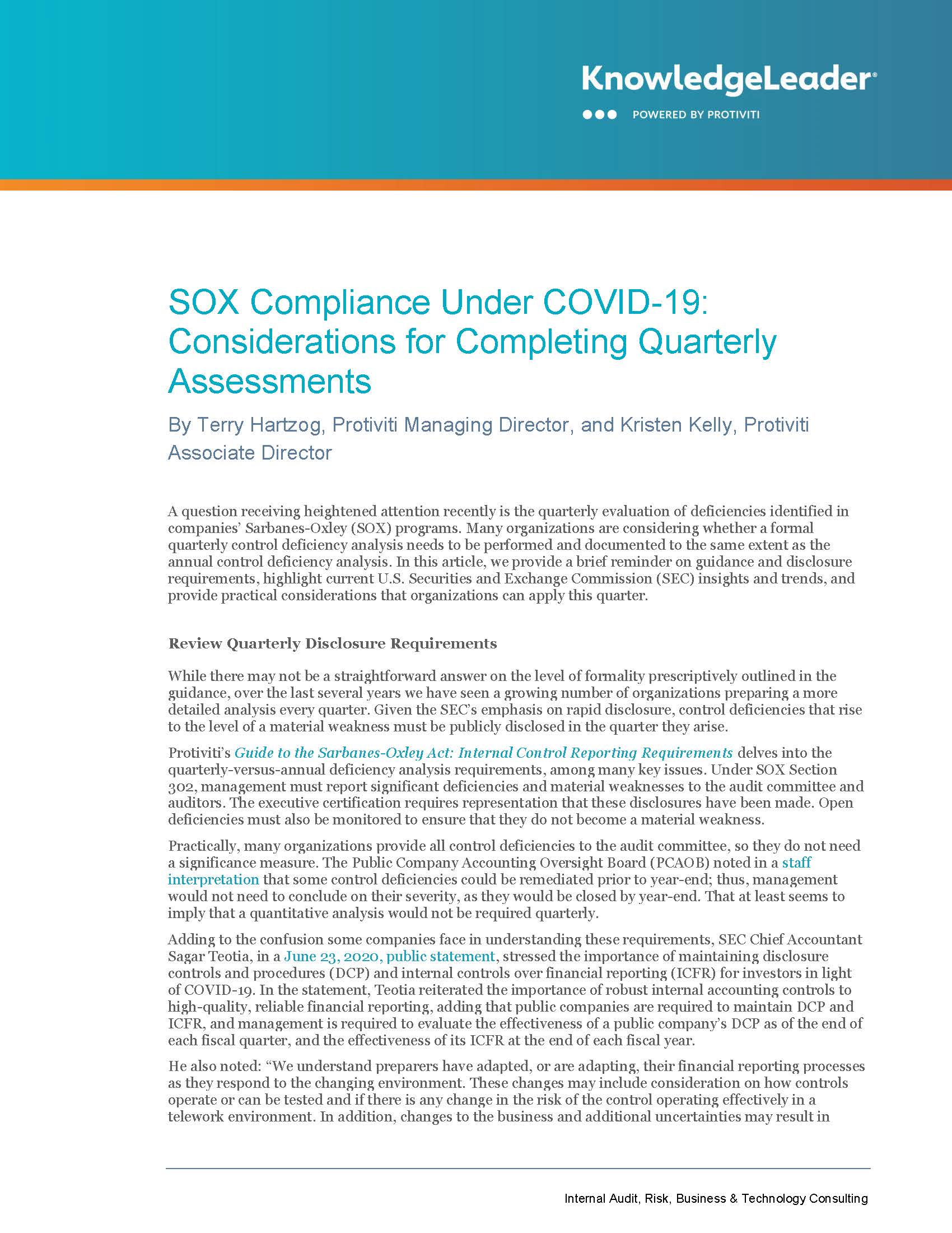 Screenshot of the first page of SOX Compliance Under COVID-19 Considerations for Completing Quarterly Assessments