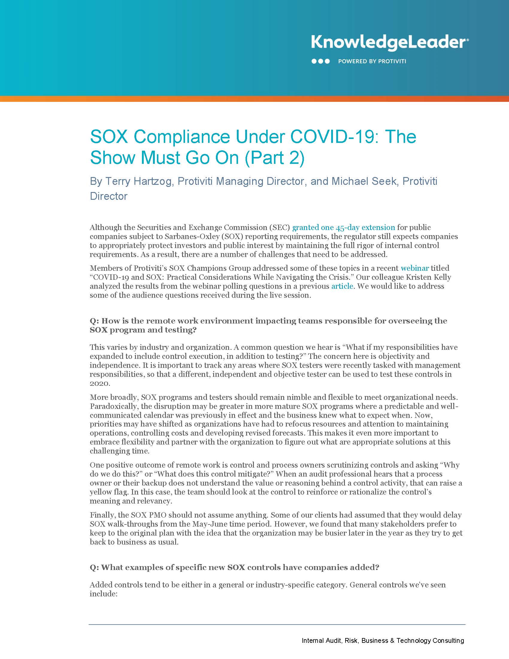 Screenshot of the first page of SOX Compliance Under COVID-19 The Show Must Go On (Part 2)