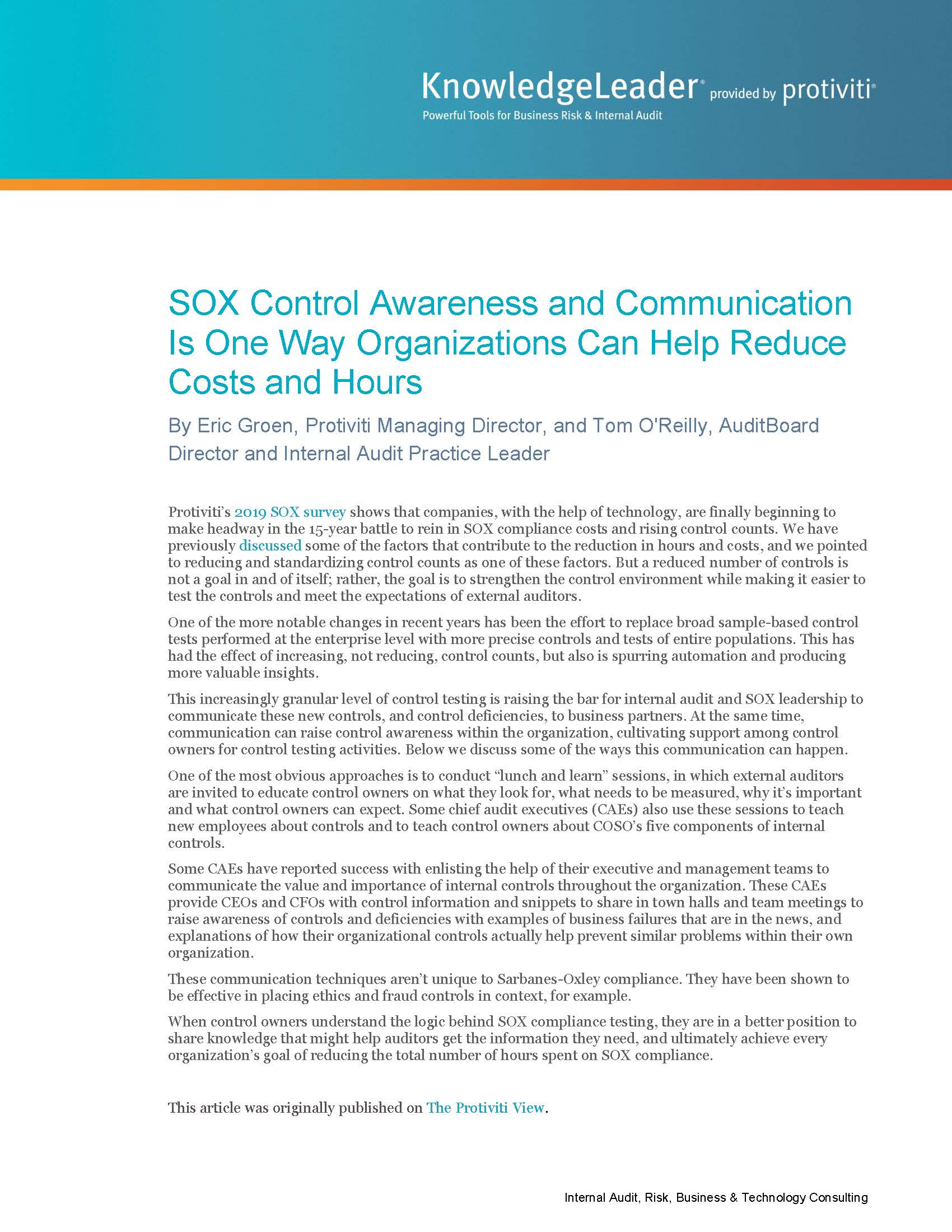 Screenshot of the first page of SOX Control Awareness and Communication Is One Way Organizations Can Help Reduce Costs and Hours