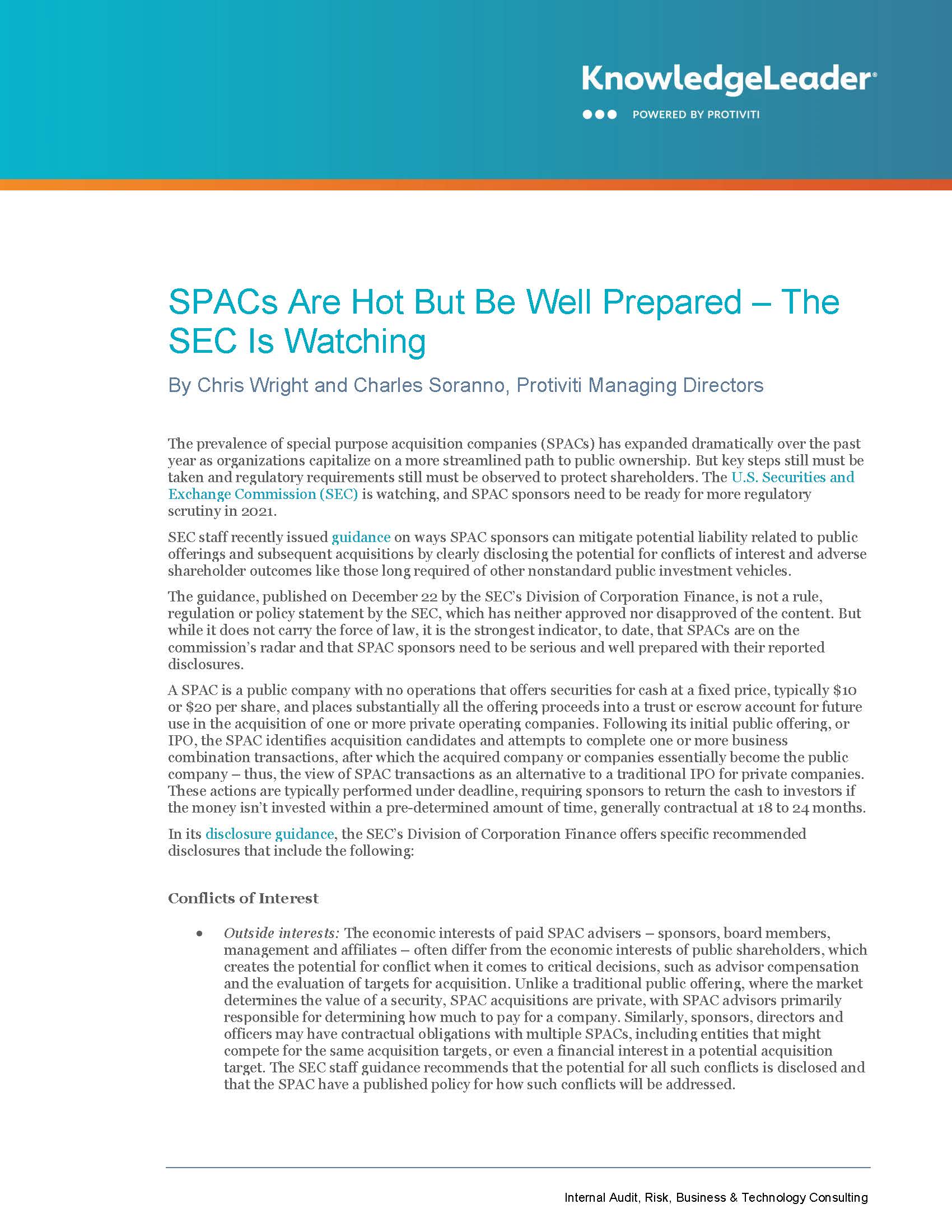 Screenshot of the first page of SPACs Are Hot But Be Well Prepared – The SEC Is Watching