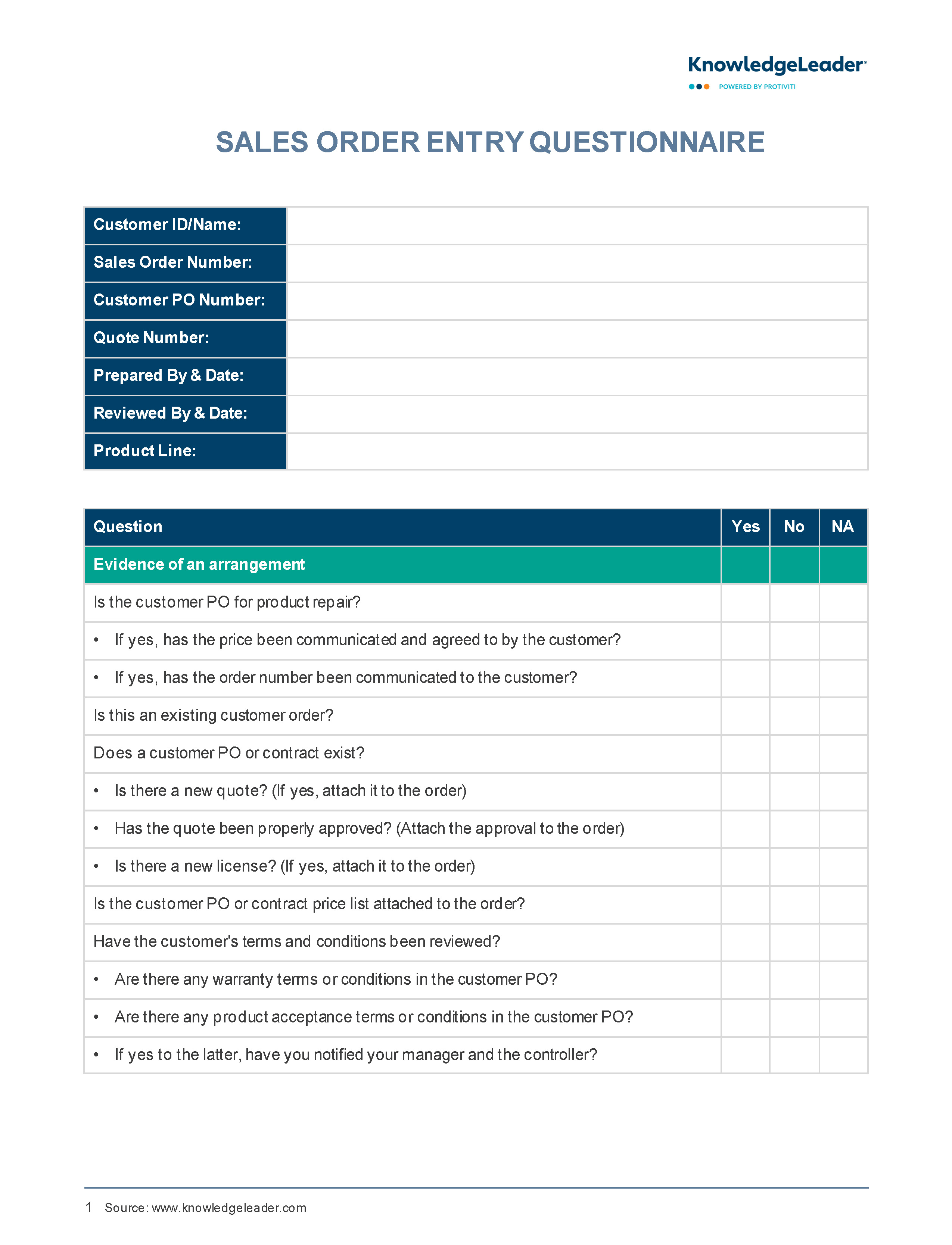Screenshot of the first page of Sales Order Entry Questionnaire