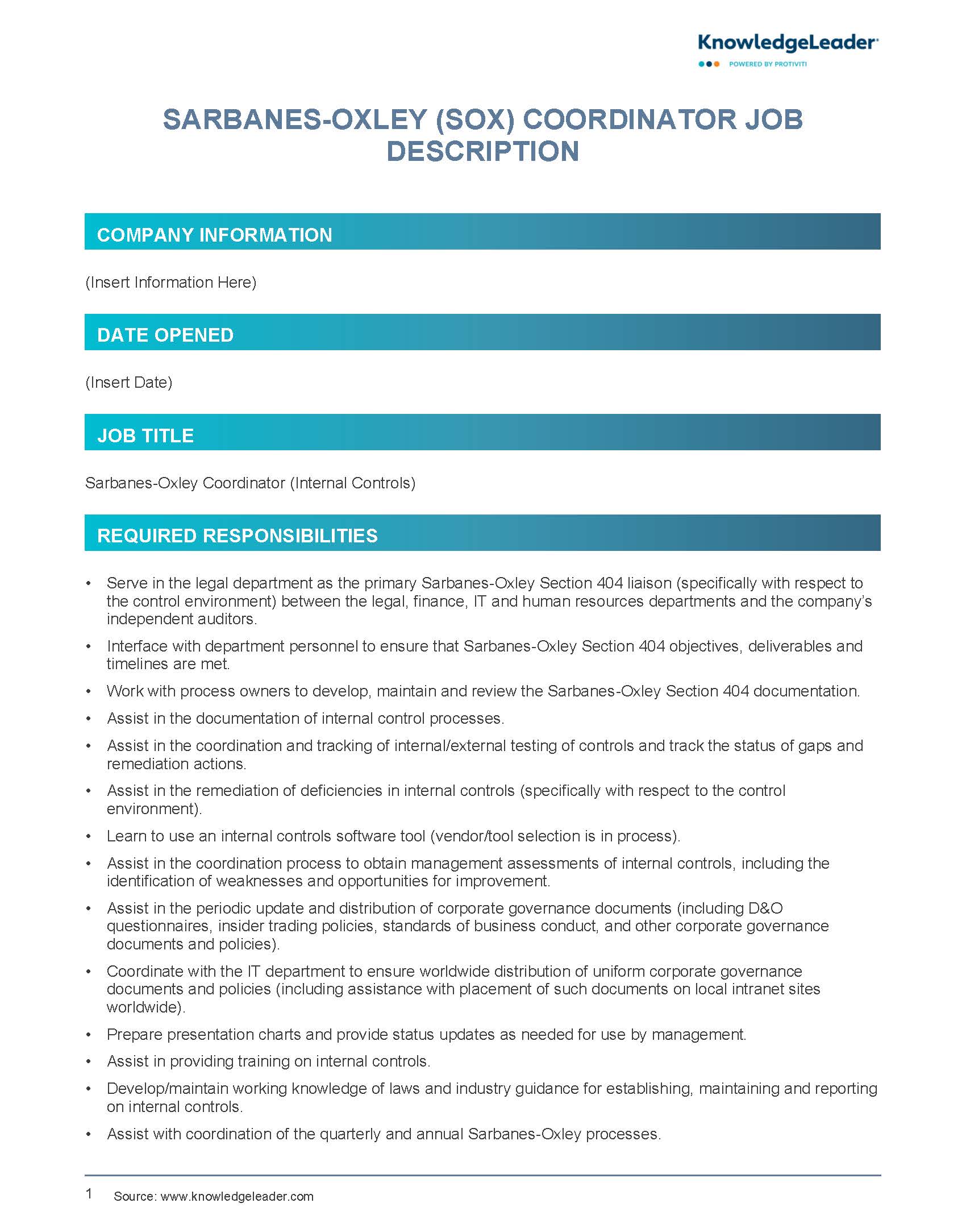 Screenshot of the first page of Sarbanes-Oxley (SOX) Coordinator Job Description