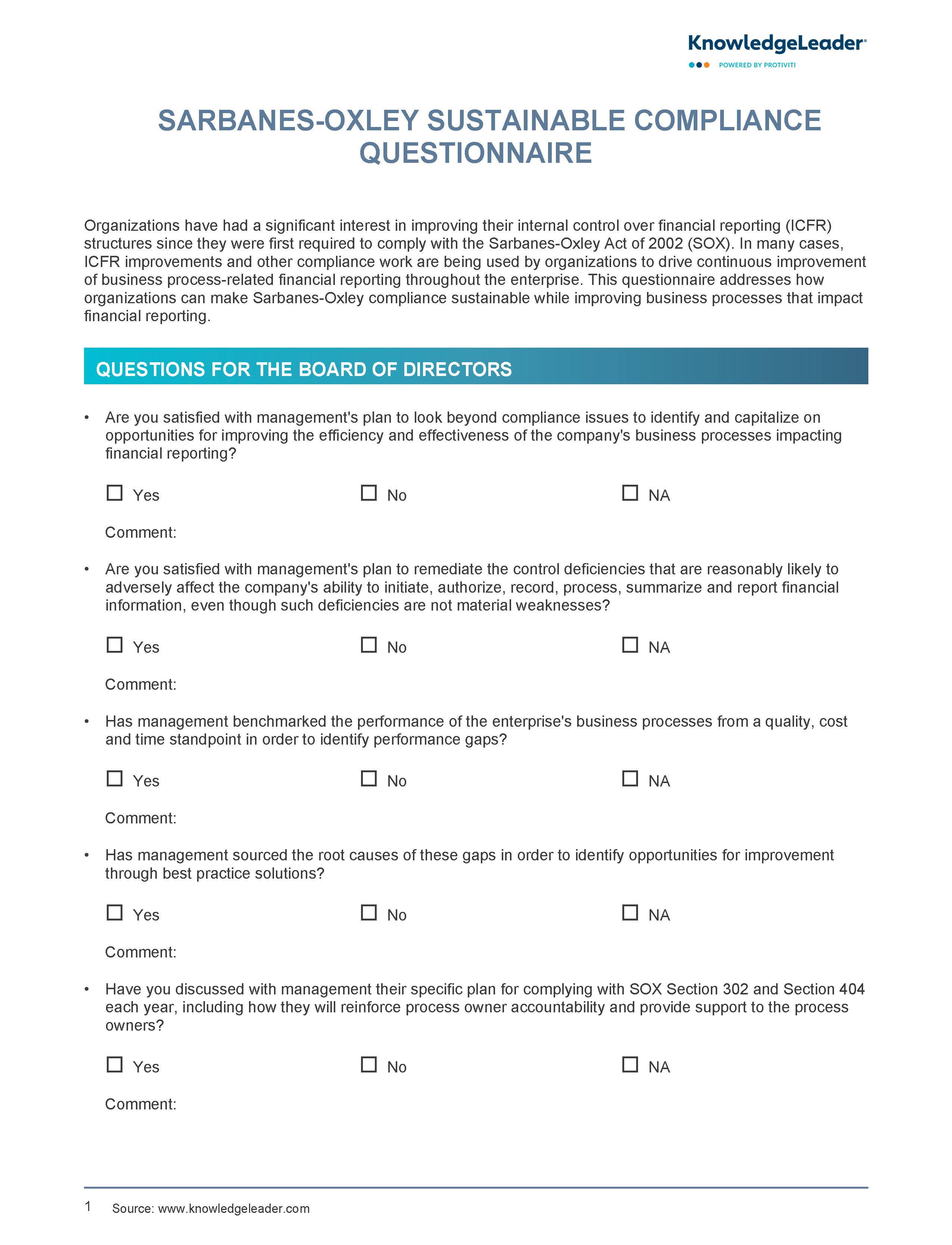 Screenshot of the first page of Sarbanes-Oxley Compliance Sustainability Questionnaire