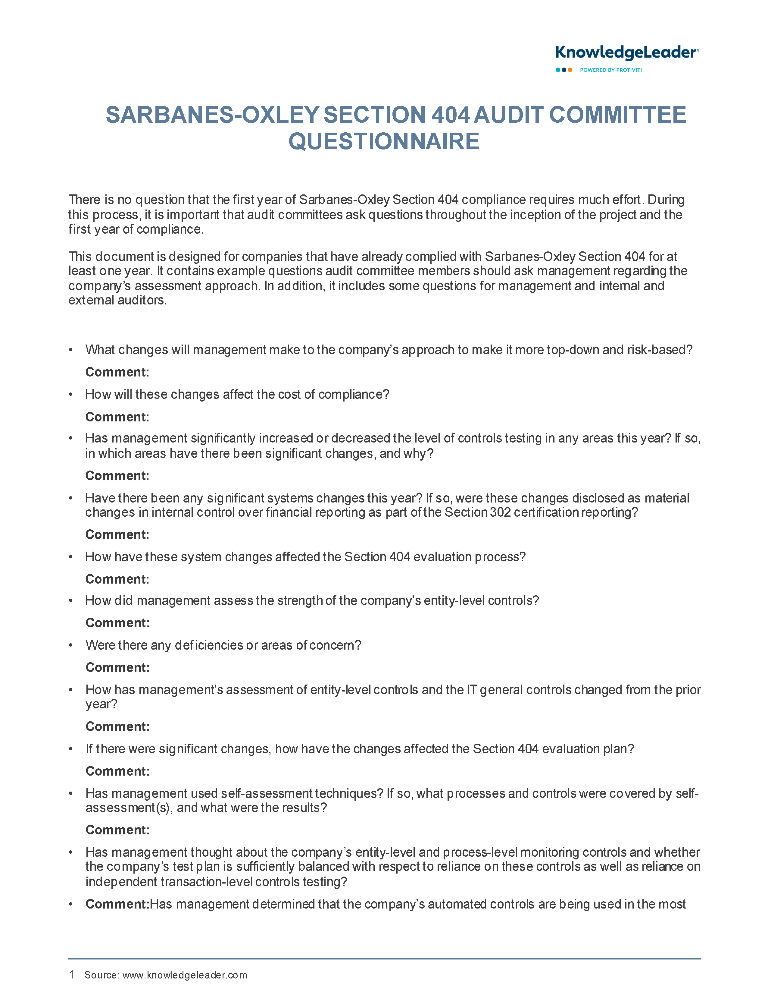 Screenshot of the first page of Sarbanes-Oxley Section 404 Audit Committee Questionnaire