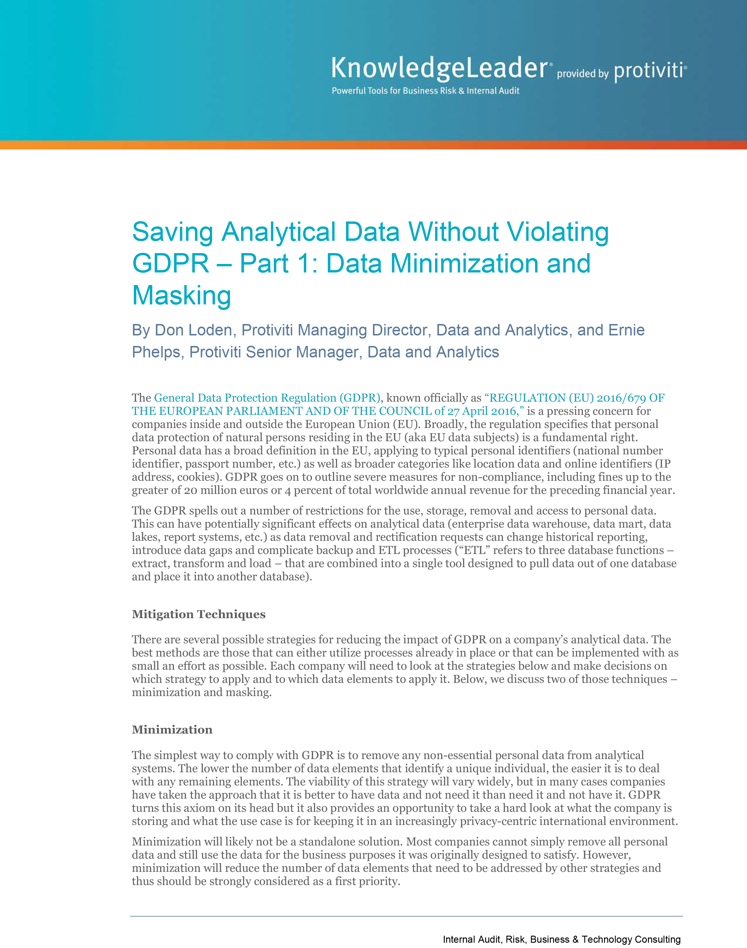 Screenshot of the first page of Saving Analytical Data Without Violating GDPR – Part 1-Data Minimizing and Masking