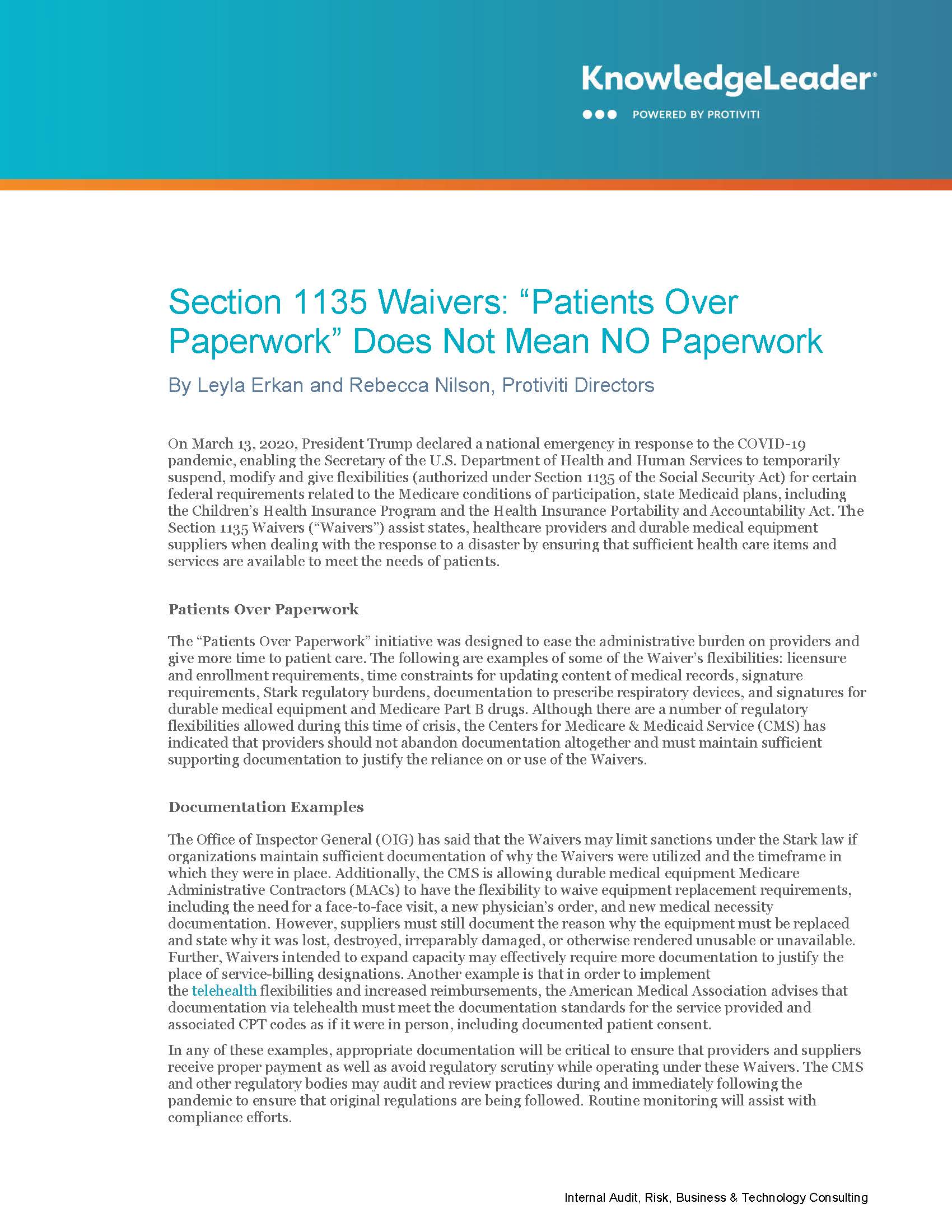 Section 1135 Waivers: “Patients Over Paperwork” Does Not Mean NO Paperwork