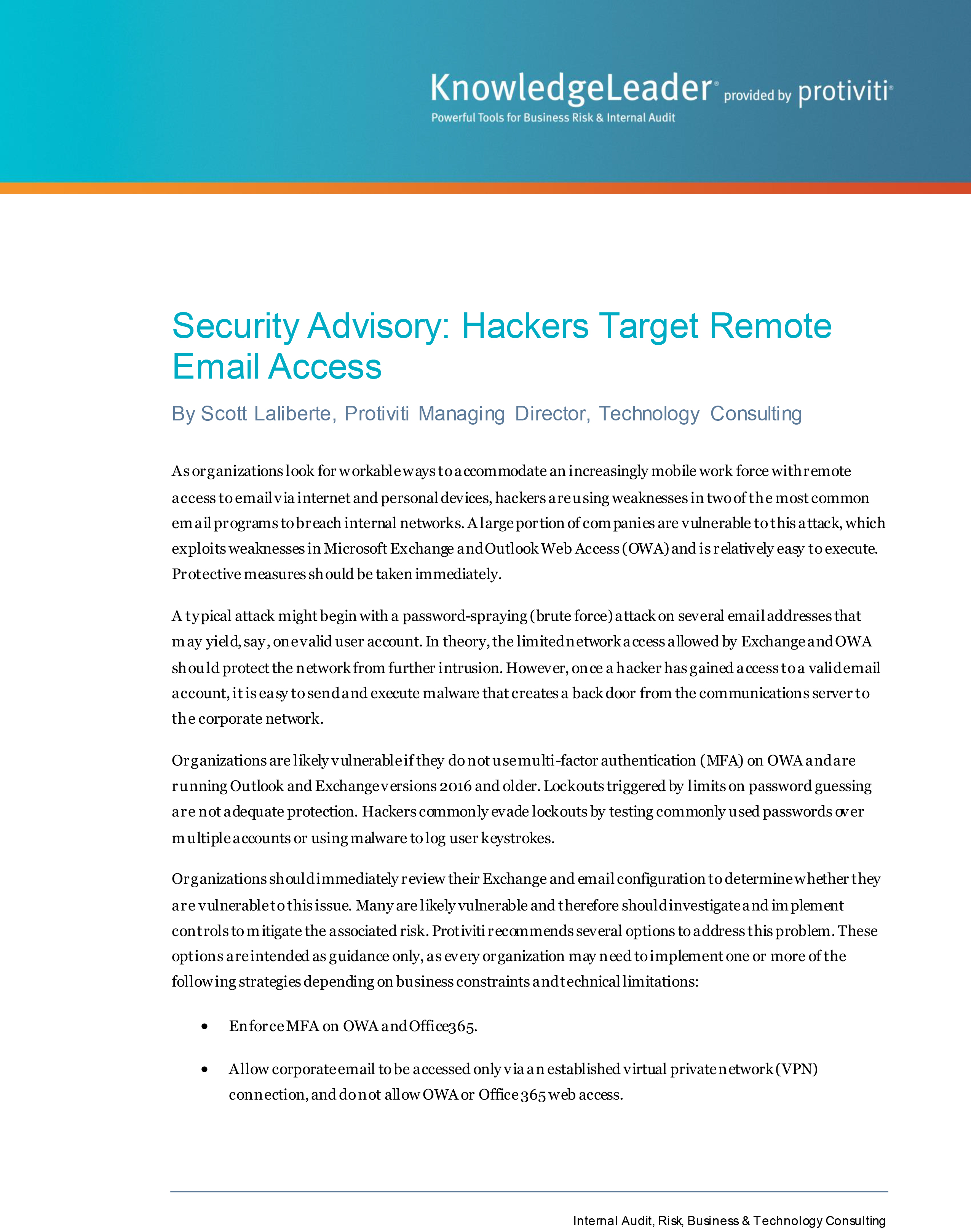 Screenshot of the first page of Security Advisory: Hackers Target Remote Email Access