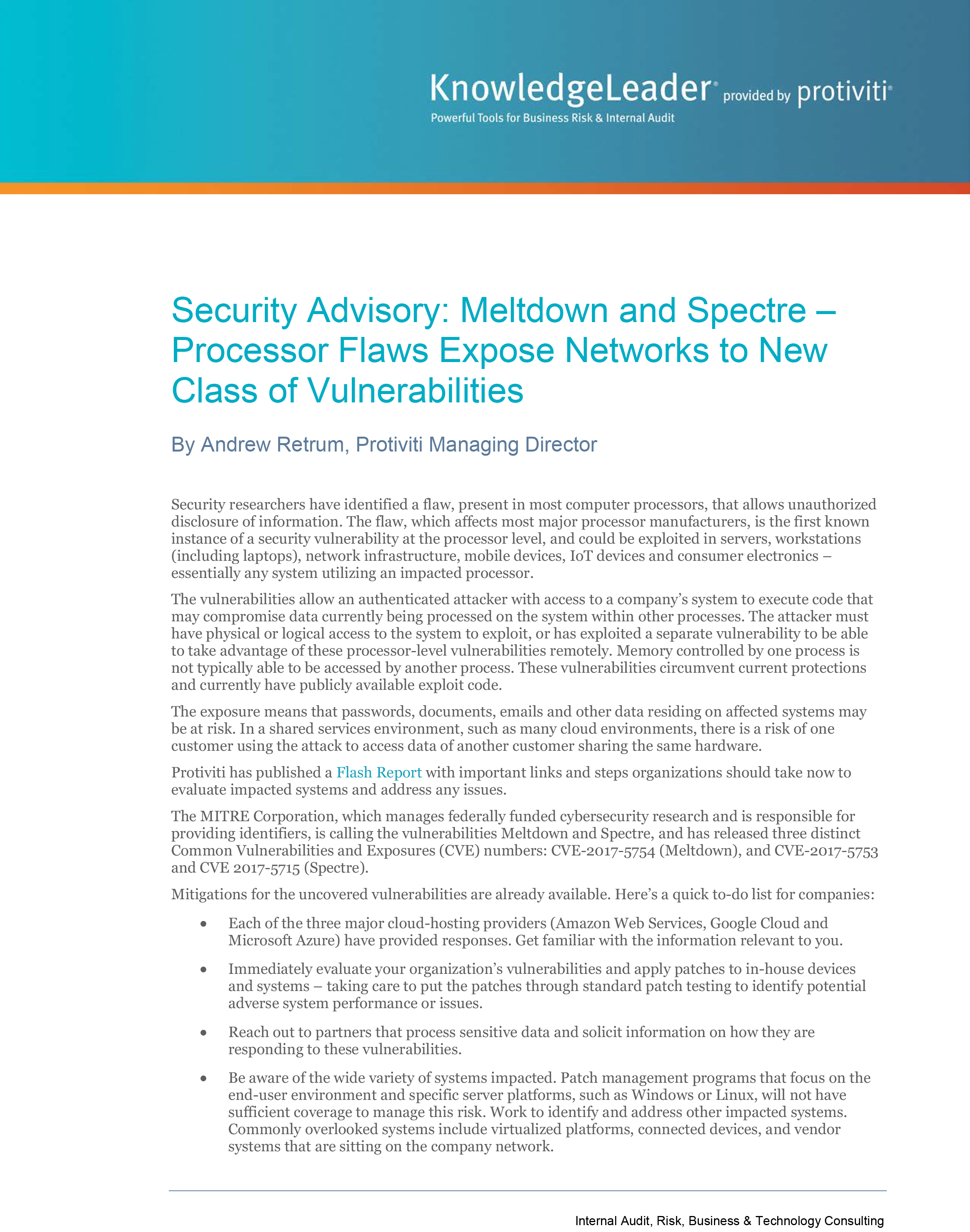 Screenshot of the first page of Security Advisory: Meltdown and Spectre – Processor Flaws Expose Networks to New Class of Vulnerabilities