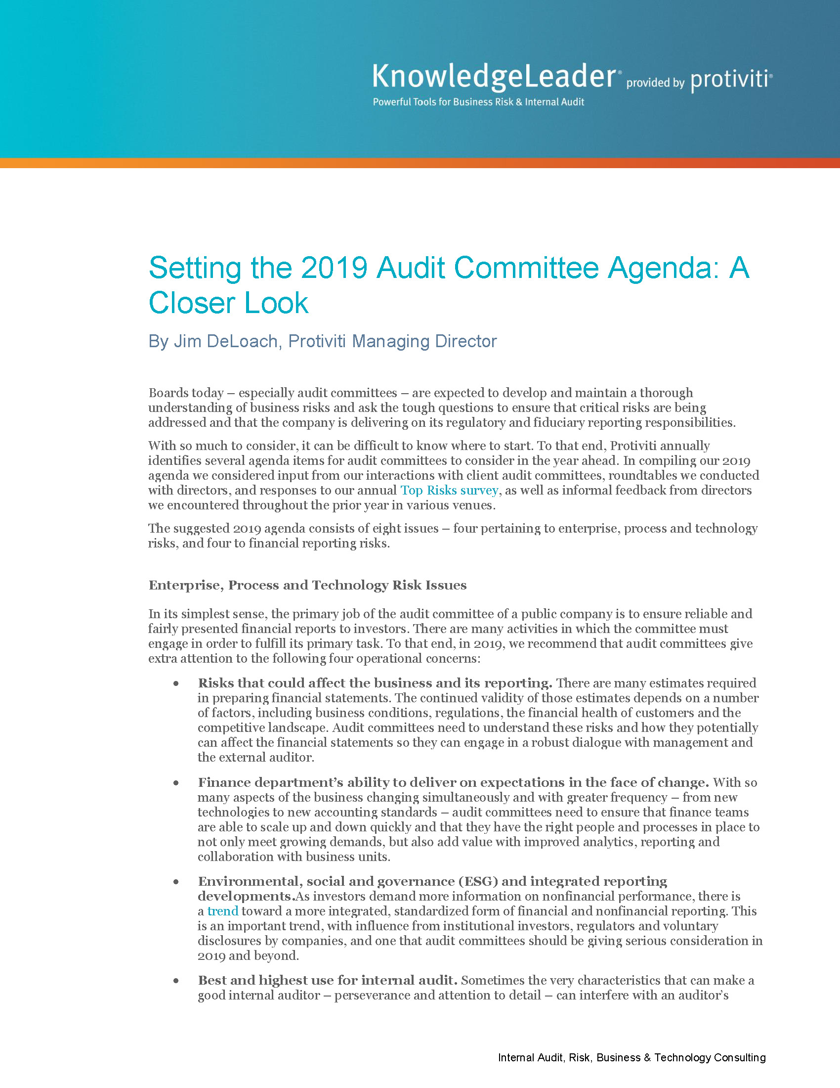 Screenshot of the first page of Setting the 2019 Audit Committee Agenda A Closer Look