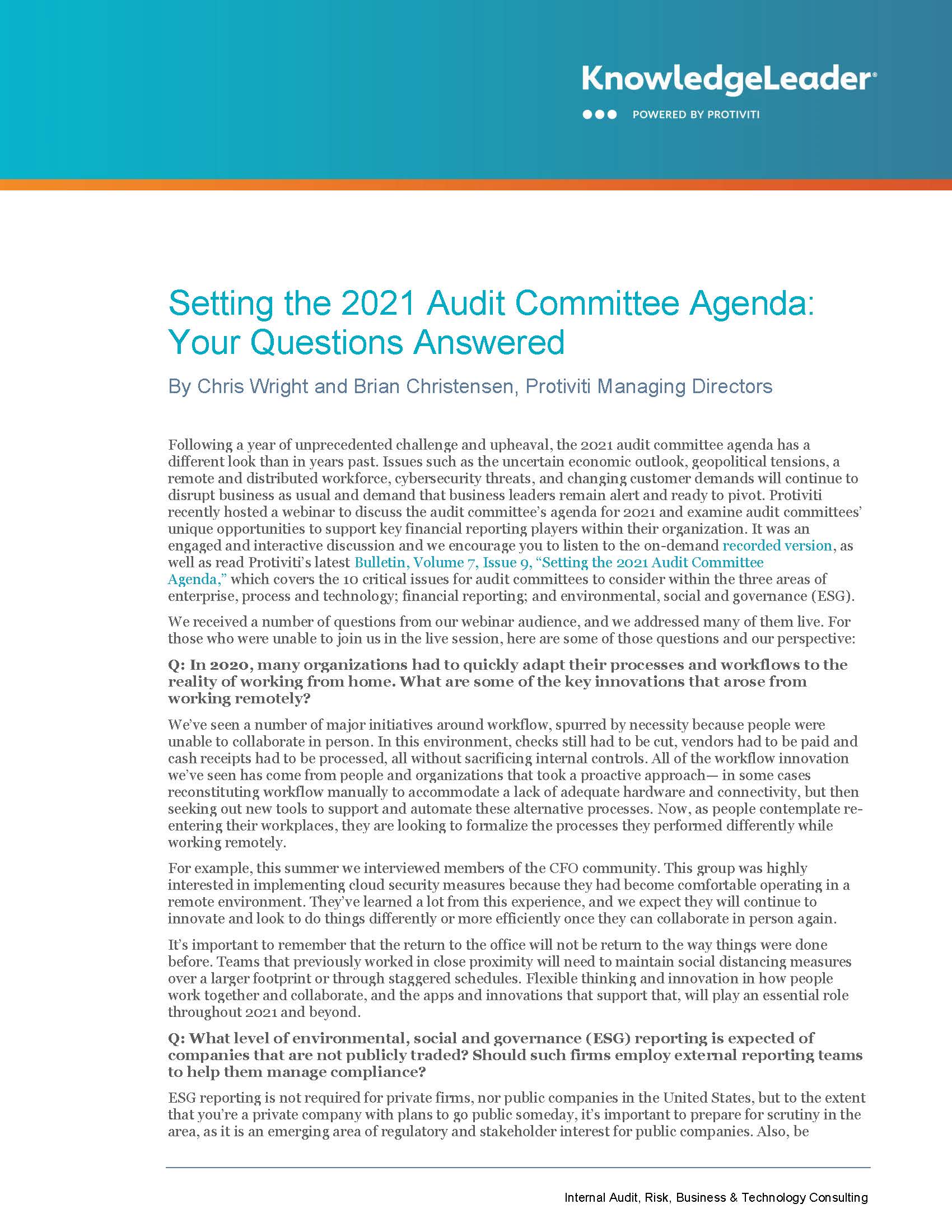 Screenshot of the first page of Setting the 2021 Audit Committee Agenda Your Questions Answered