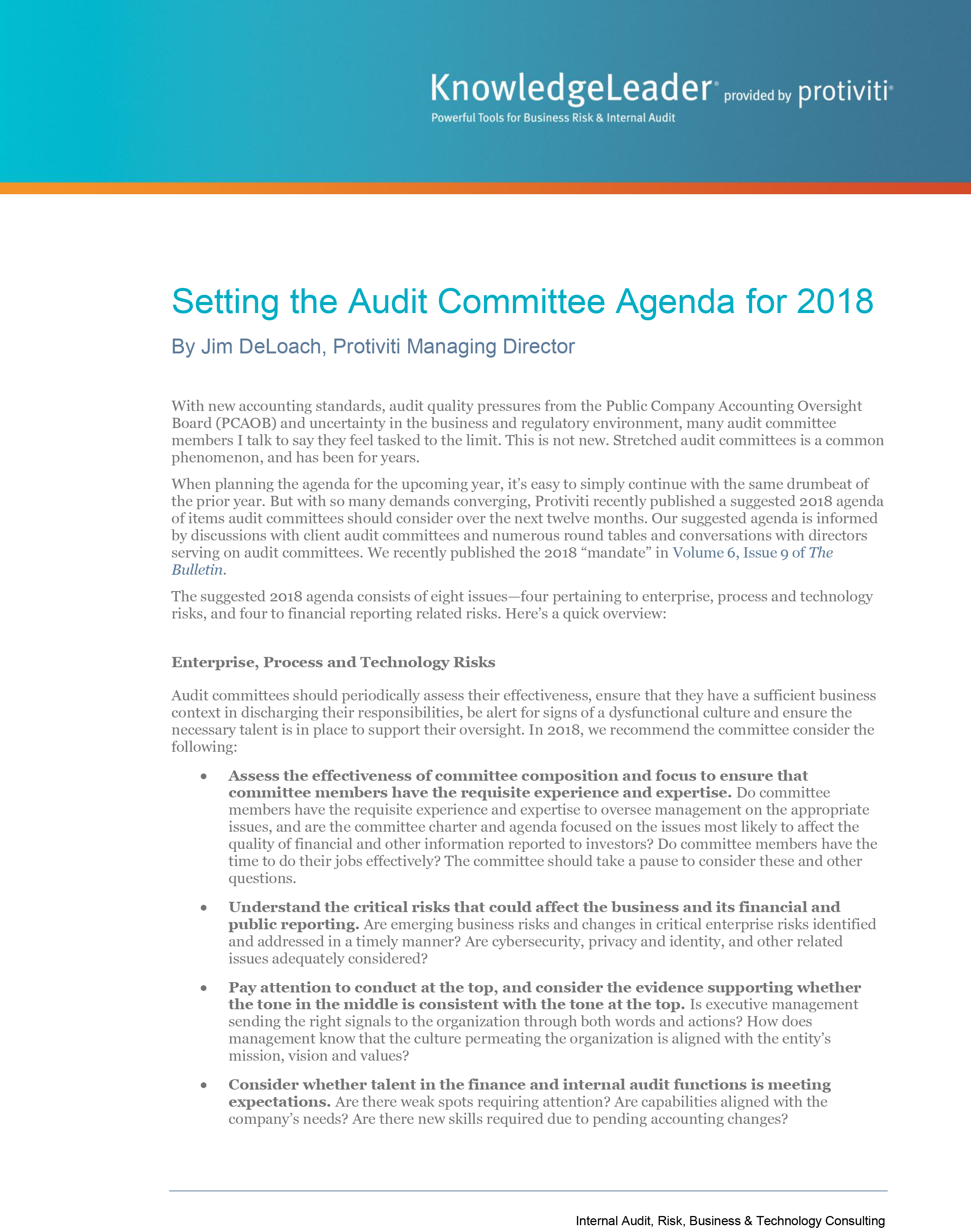 Screenshot of the first page of Setting the Audit Committee Agenda for 2018