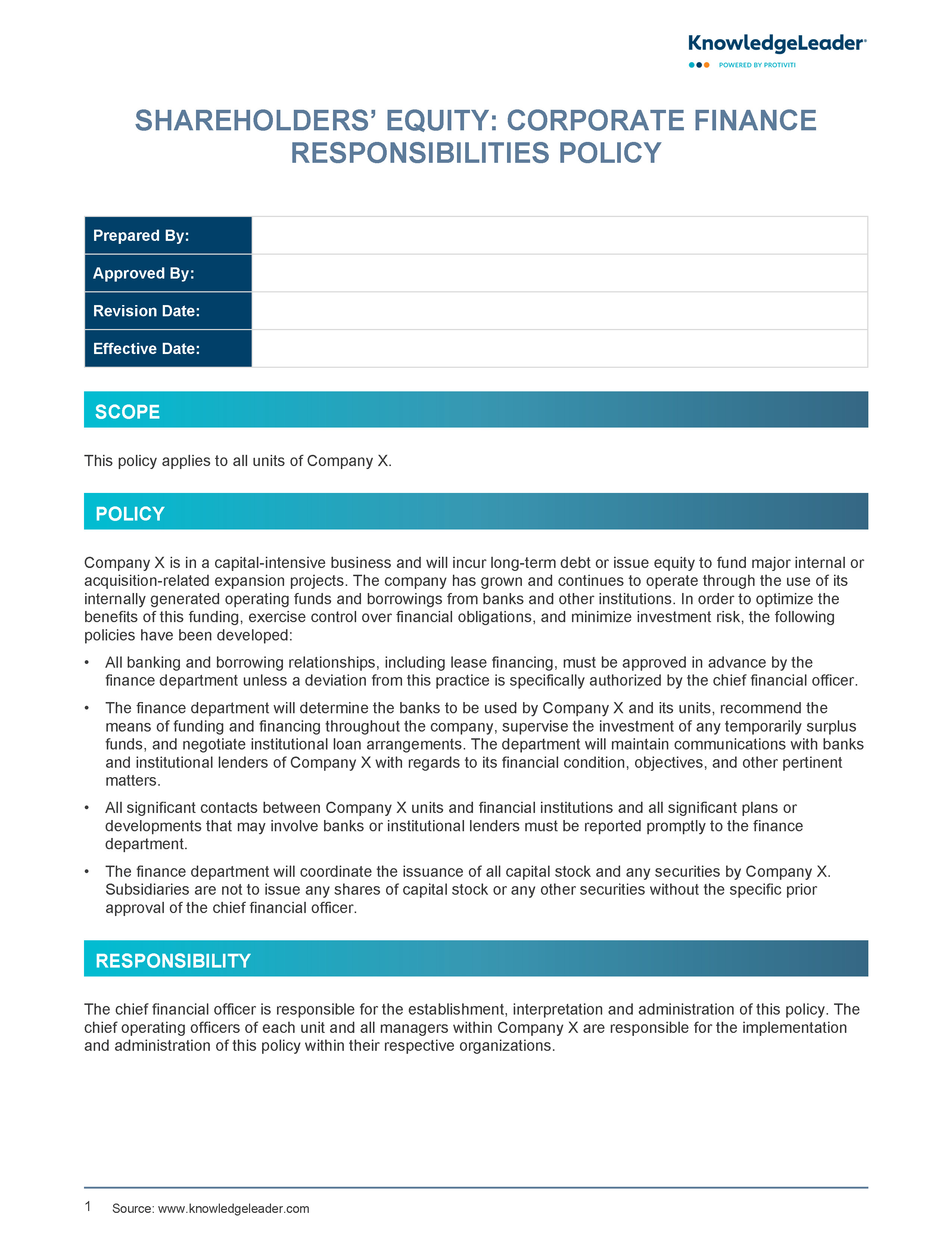 Screenshot of the first page of Shareholders' Equity Corporate Finance Responsibilities - Policy