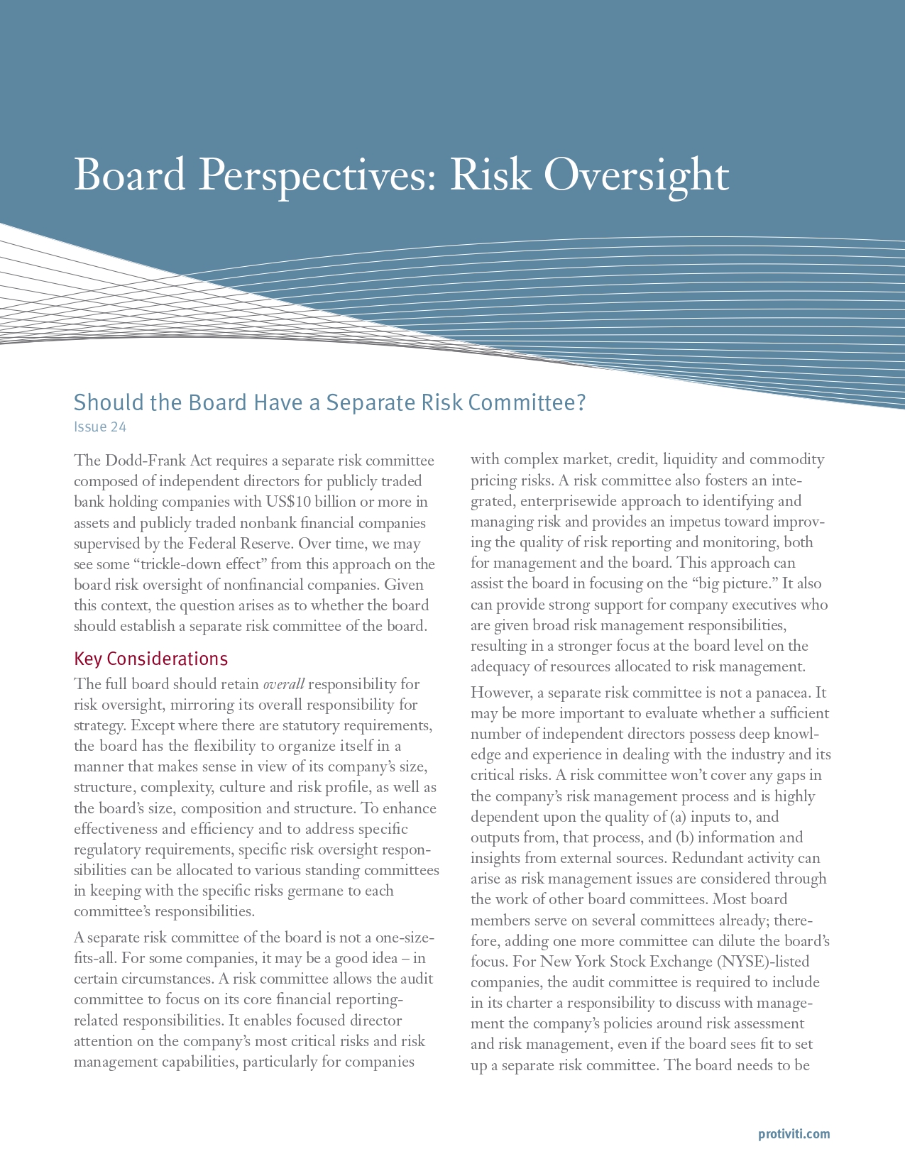 Screenshot of the first page of Should the Board Have a Separate Risk Committee - Board Perspectives - Risk Oversight, Issue 24