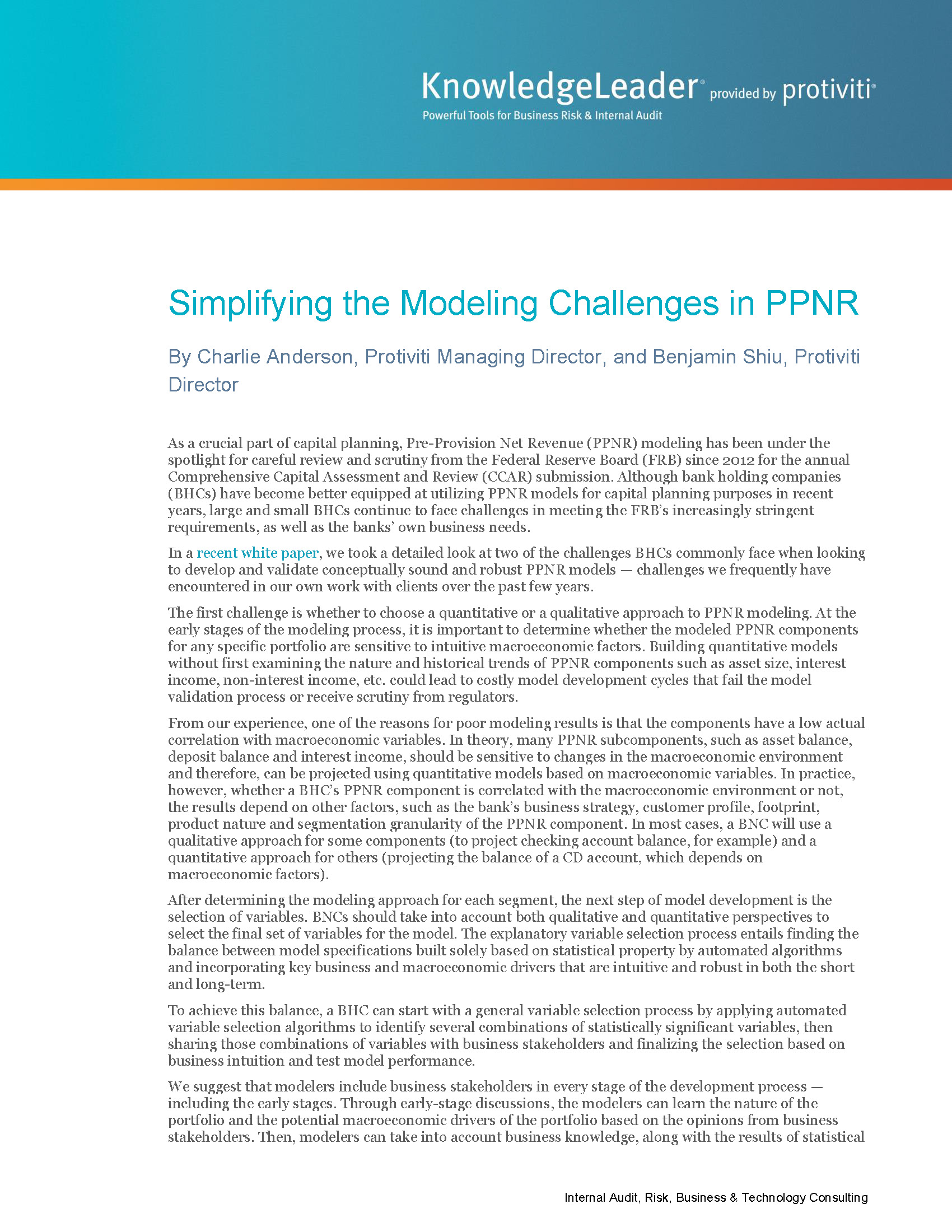 Screenshot of the first page of Simplifying the Modeling Challenges in PPNR