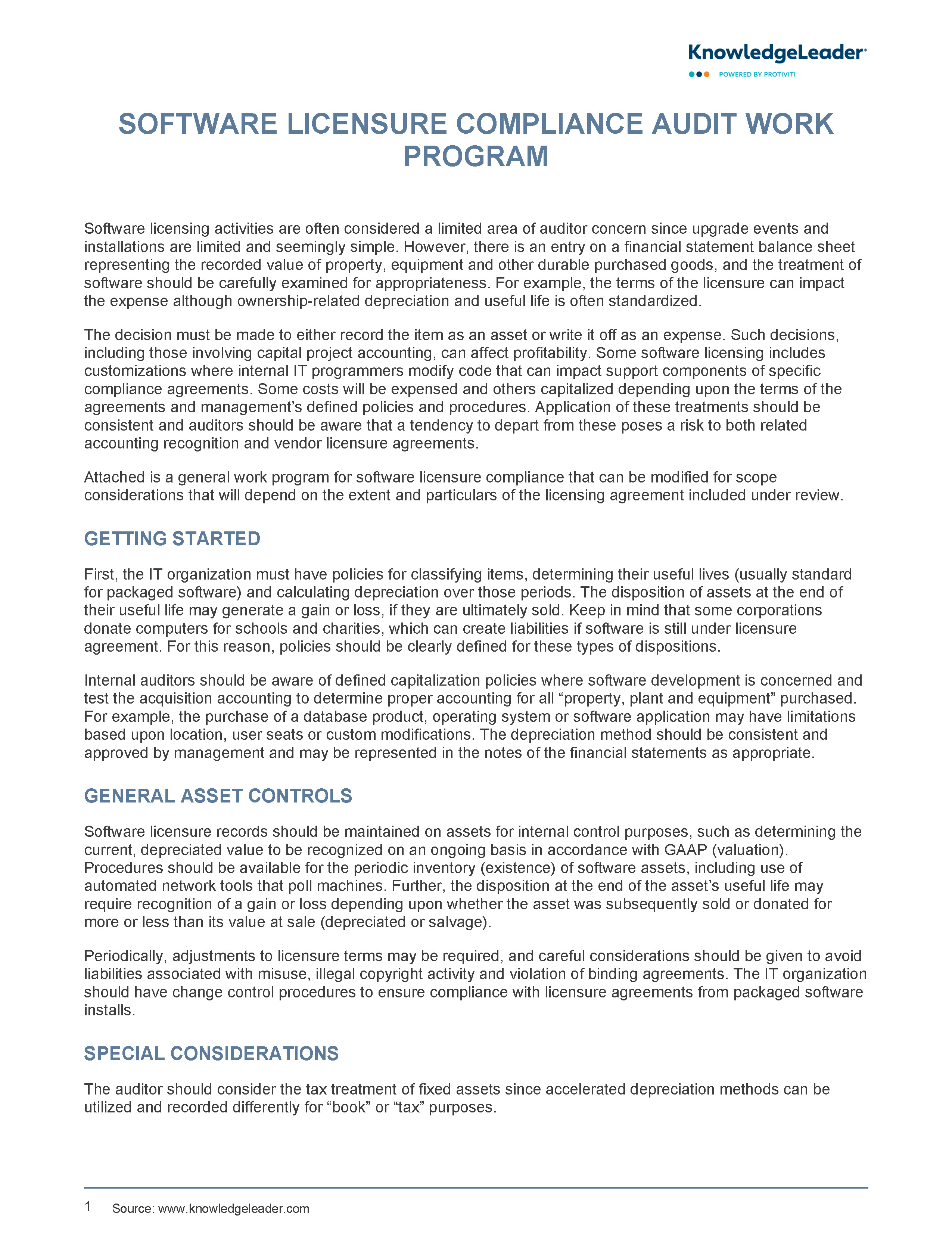 Screenshot of the first page of Software Licensure Compliance_work program
