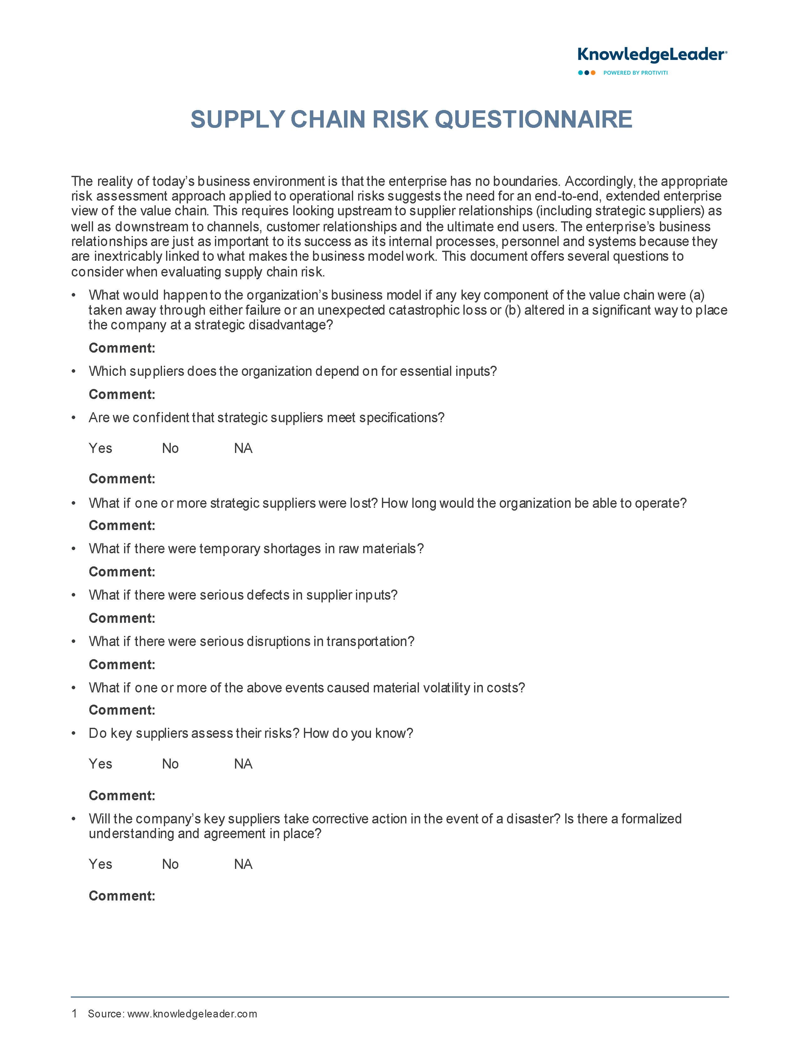 Screenshot of the first page of Supply Chain Risk Questionnaire