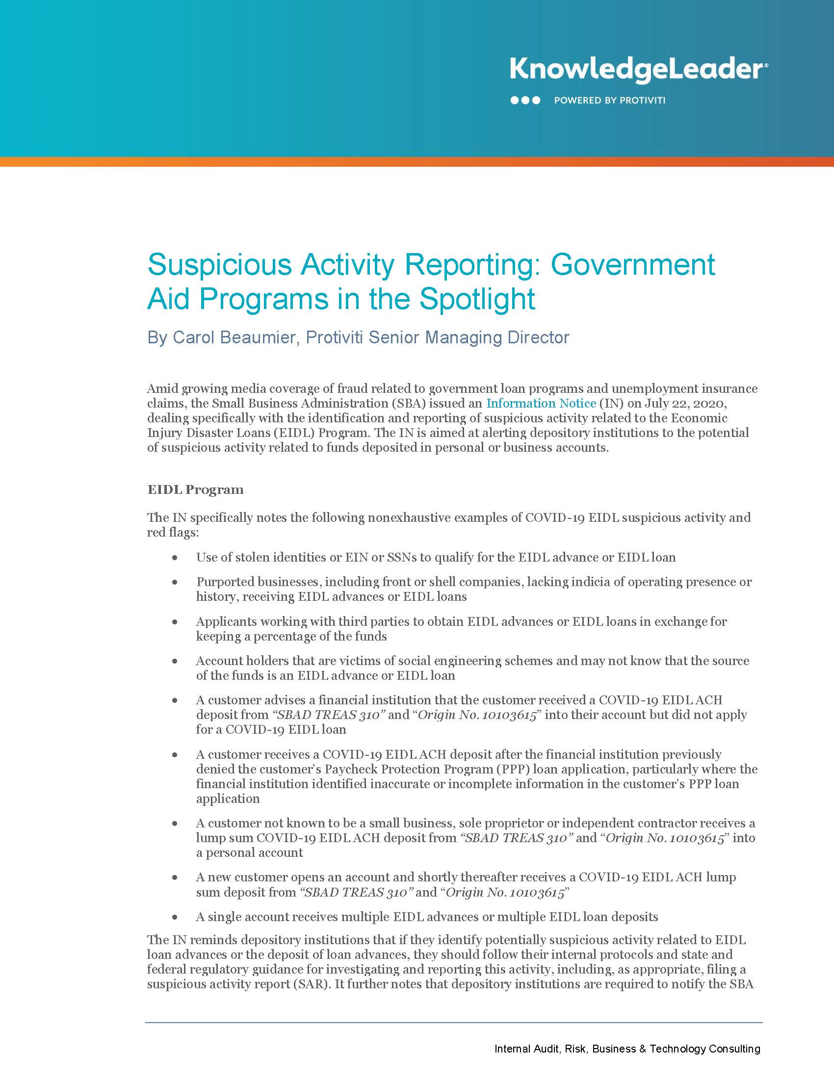 Screenshot of the first page of Suspicious Activity Reporting Government Aid Programs in the Spotlight