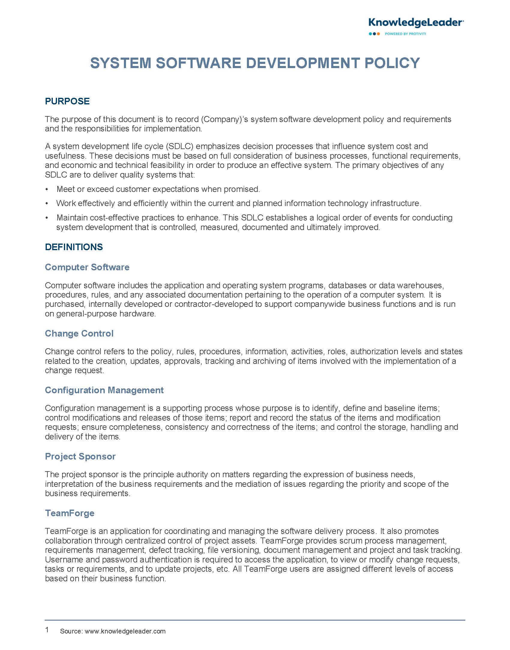 Screenshot of the first page of System Software Development Policy
