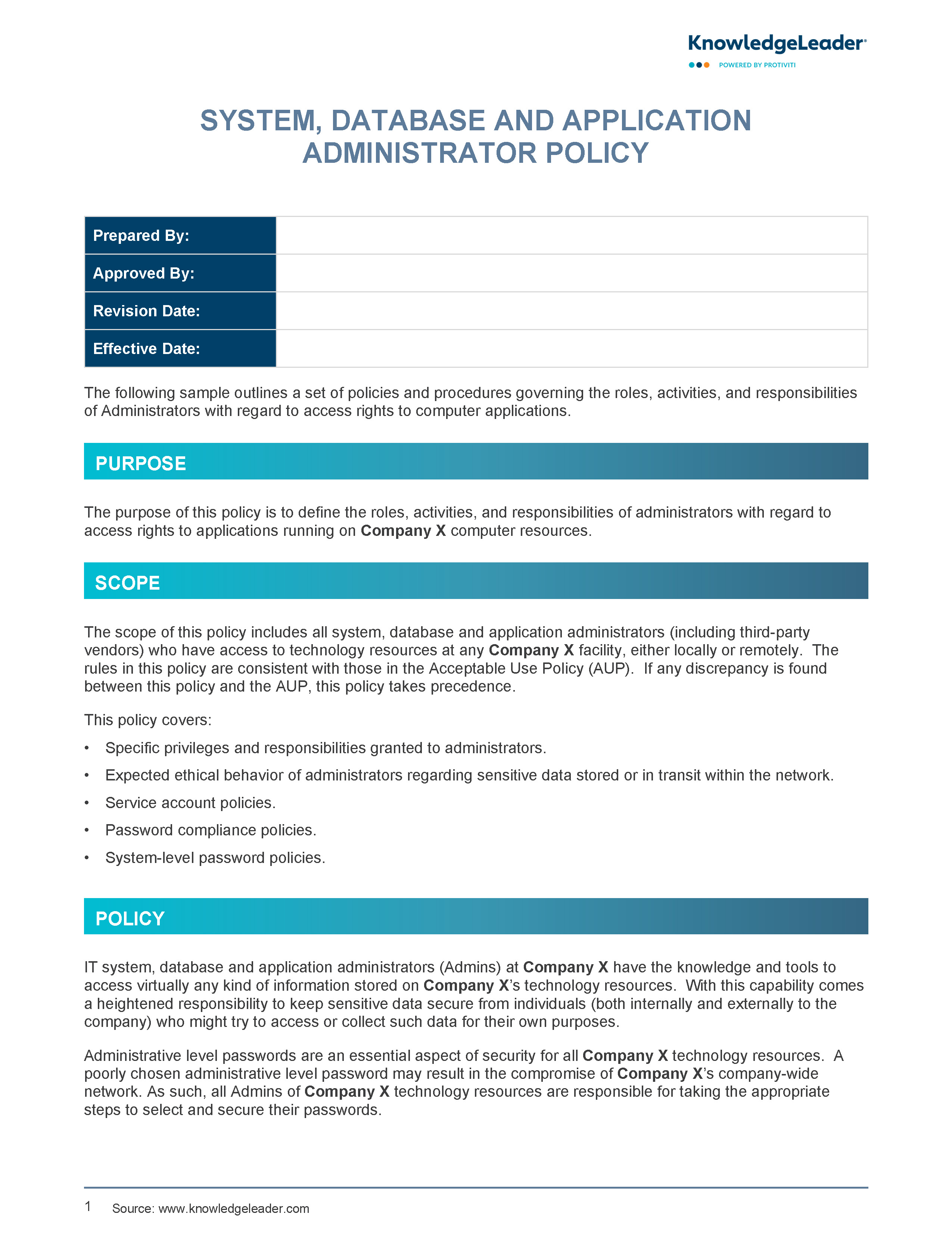 screenshot of the first page of System, Database and Application Administrator Policy
