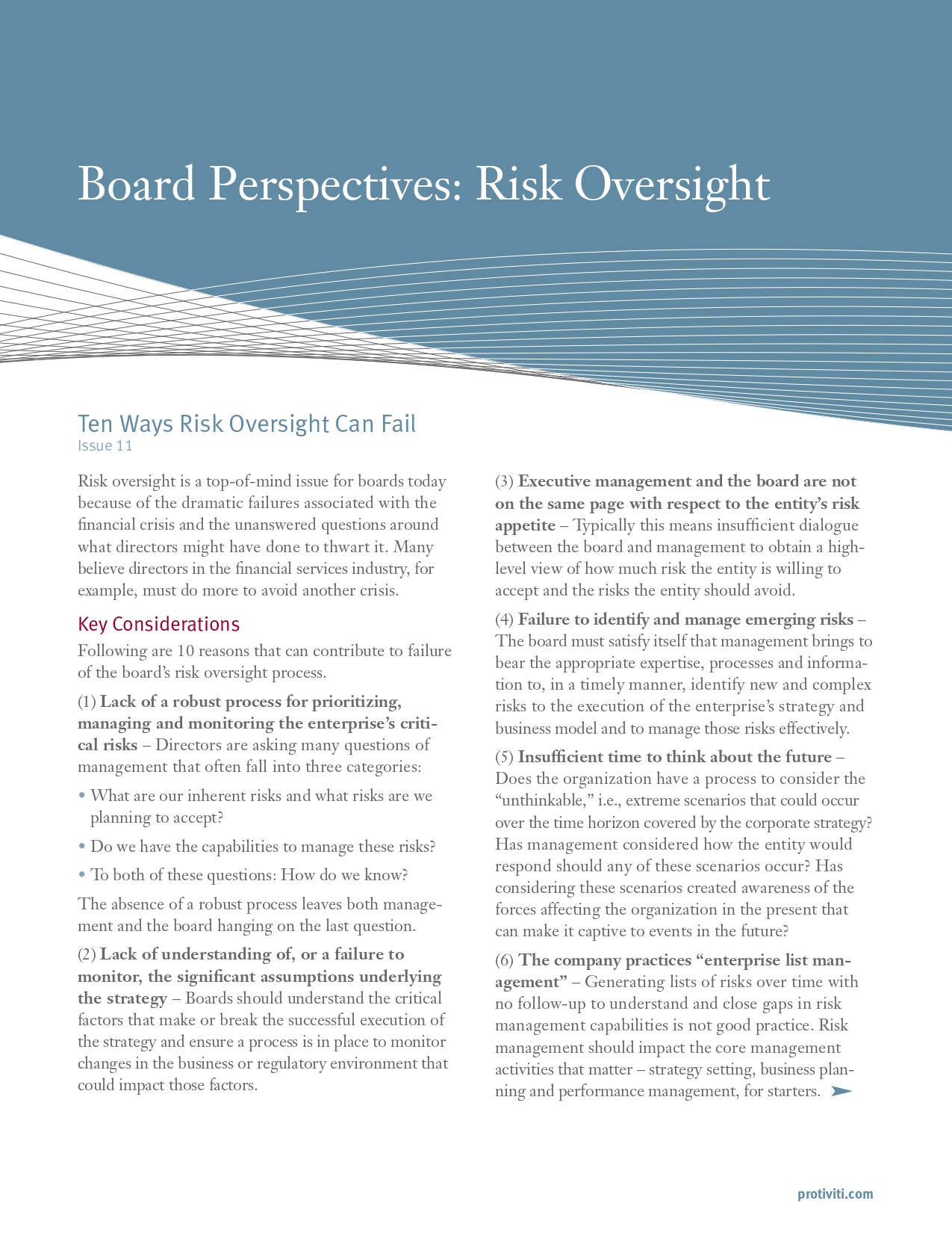 Screenshot of the first page of Ten Ways Risk Oversight Can Fail
