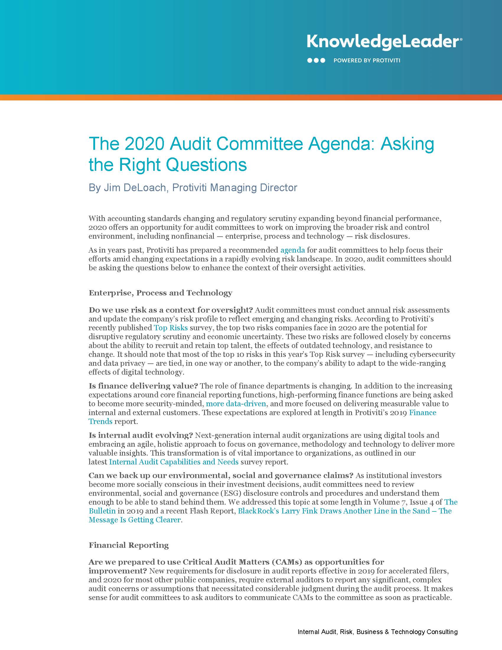 The 2020 Audit Committee Agenda: Asking the Right Questions