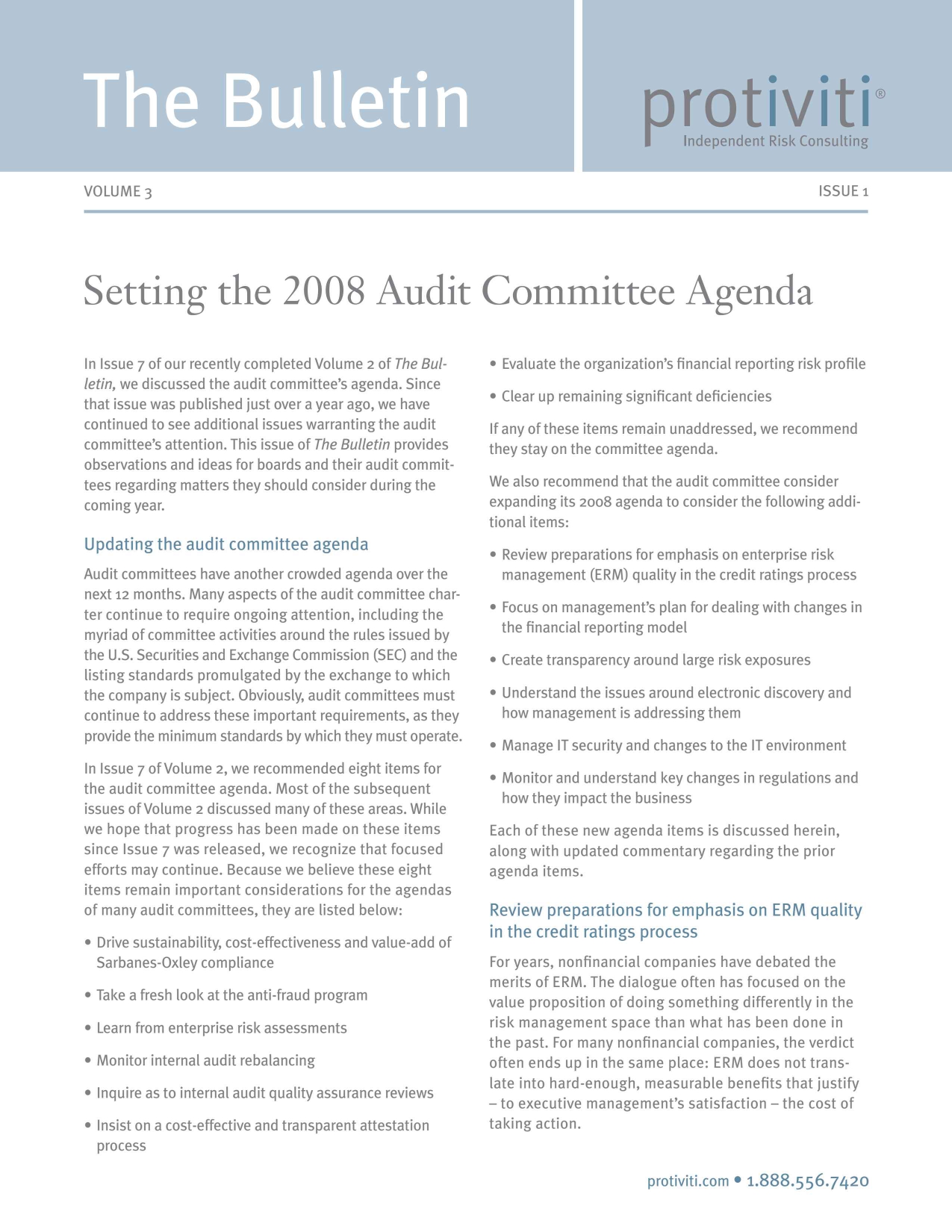 Screenshot of the first page of The Bulletin - Setting the 2008 Audit Committee Agenda