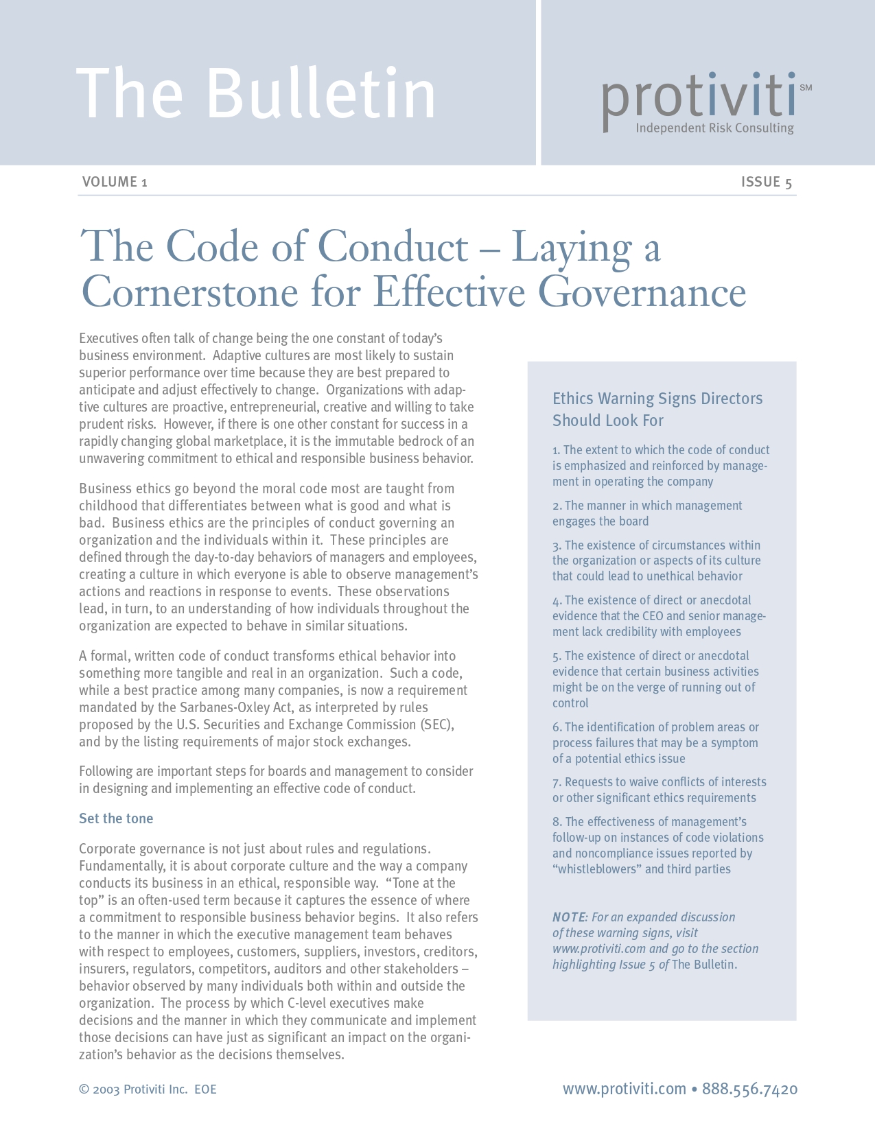 Screenshot of the first page of The Code of Conduct - Laying a Cornerstone for Effective Governance