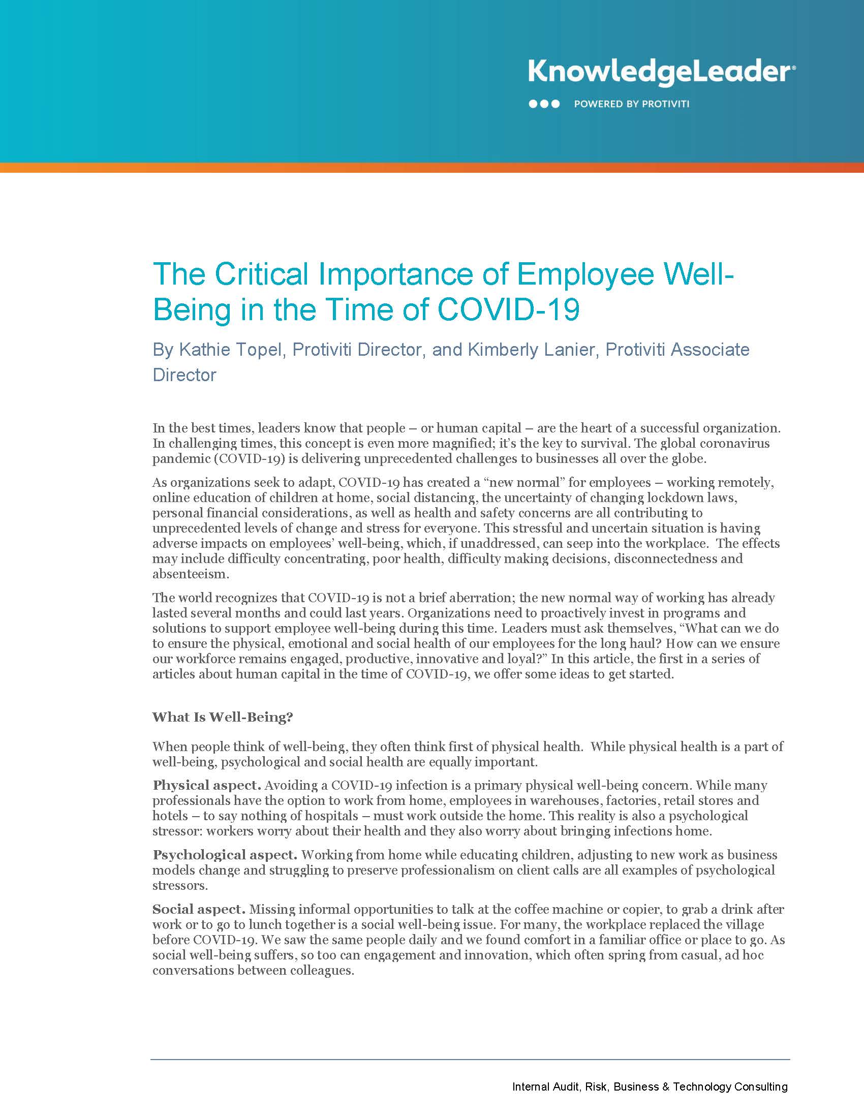 Screenshot of the first page of The Critical Importance of Employee Well-Being in the Time of COVID-19
