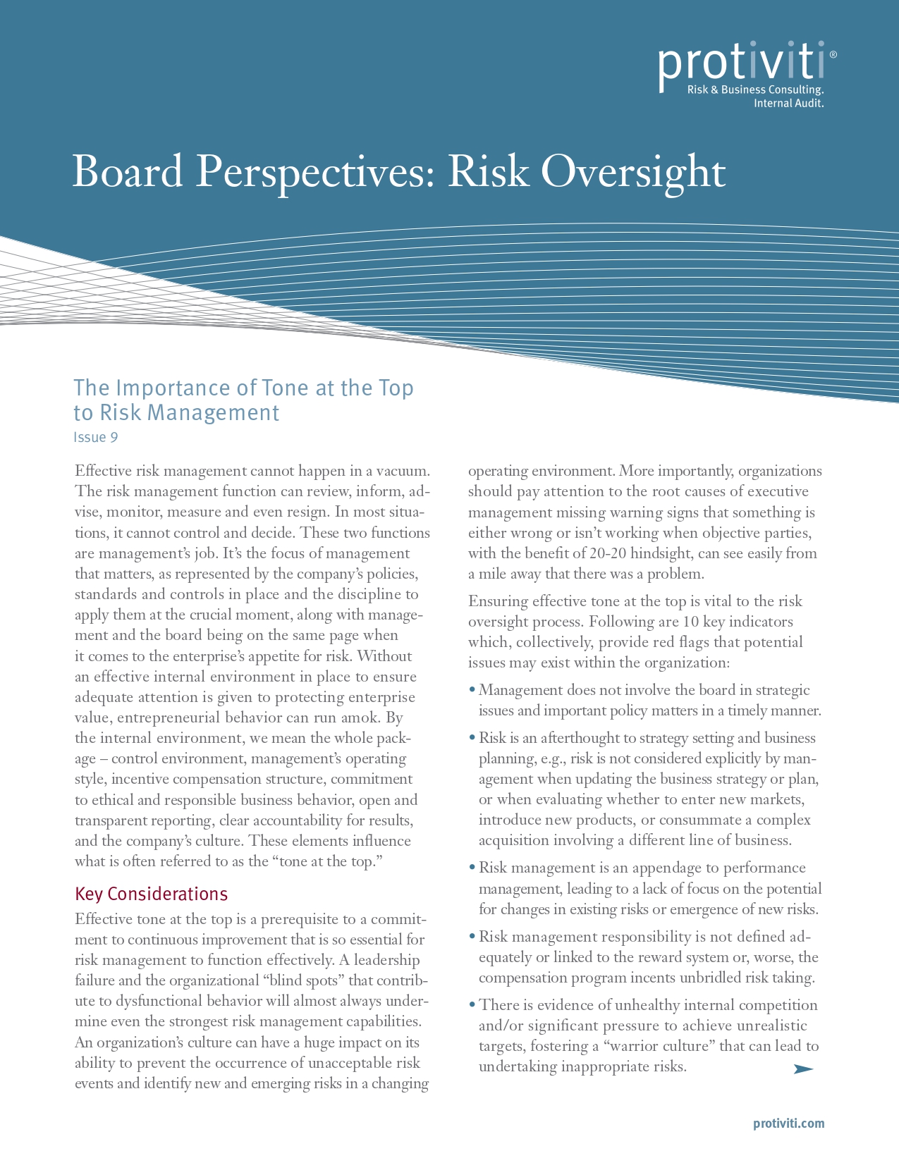 Screenshot of the first page of The Importance of Tone at the Top to Risk Management