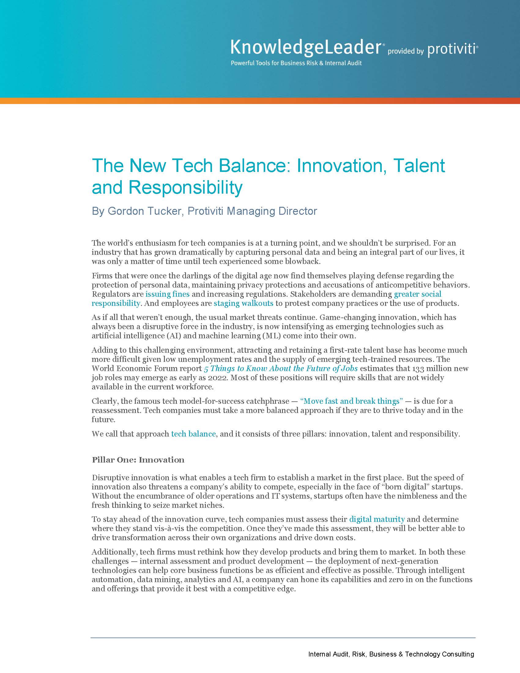 Screenshot of the first page of The New Tech Balance Innovation, Talent and Responsibility
