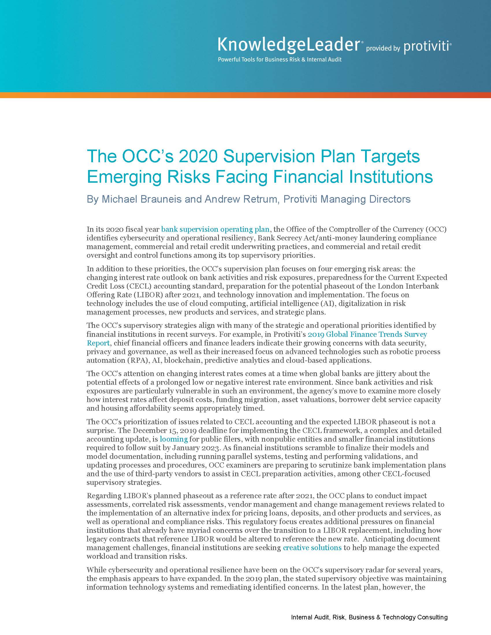 Screenshot of the first page of The OCC’s 2020 Supervision Plan Targets Emerging Risks Facing Financial Institutions