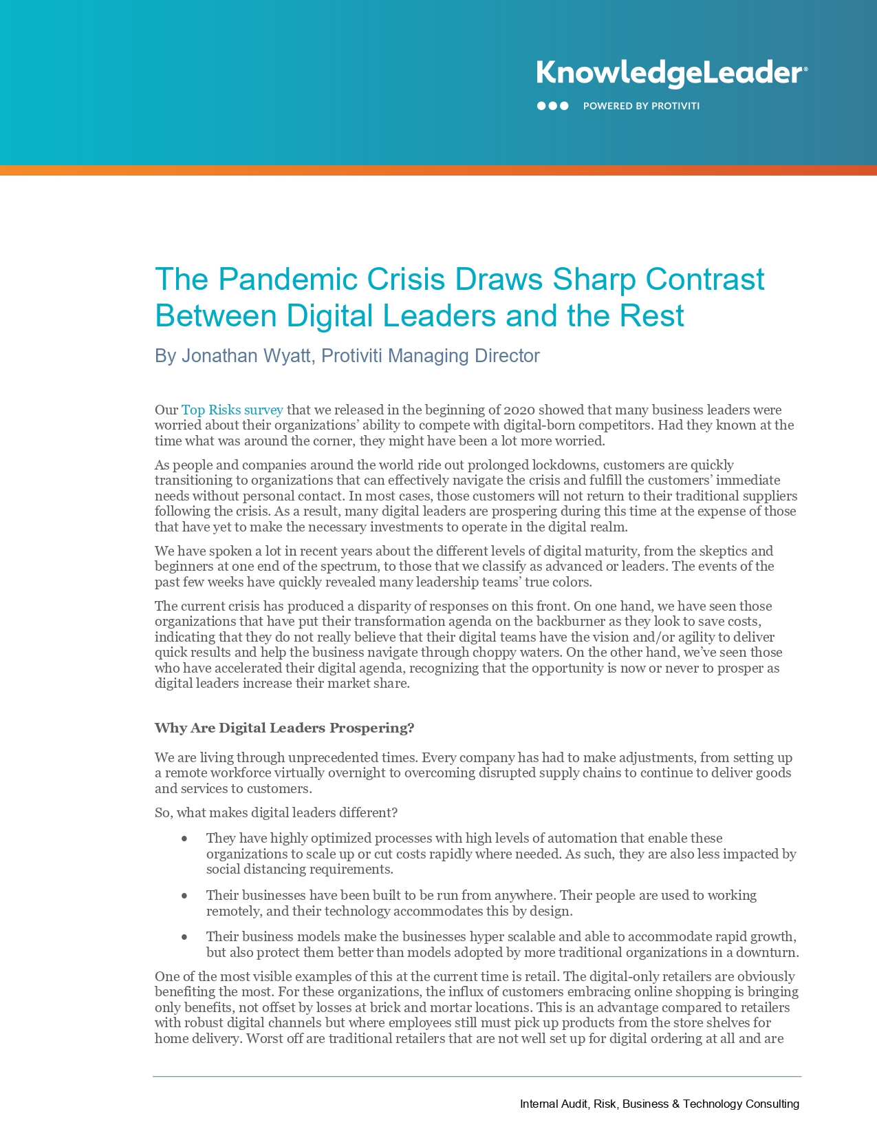Screenshot of the first page of The Pandemic Crisis Draws Sharp Contrast Between Digital Leaders and the Rest