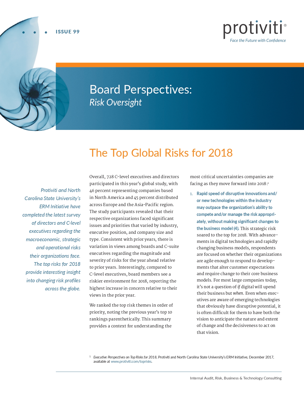 Screenshot of the first page of The Top Global Risks for 2018 - Board Perspectives - Risk Oversight, Issue 99