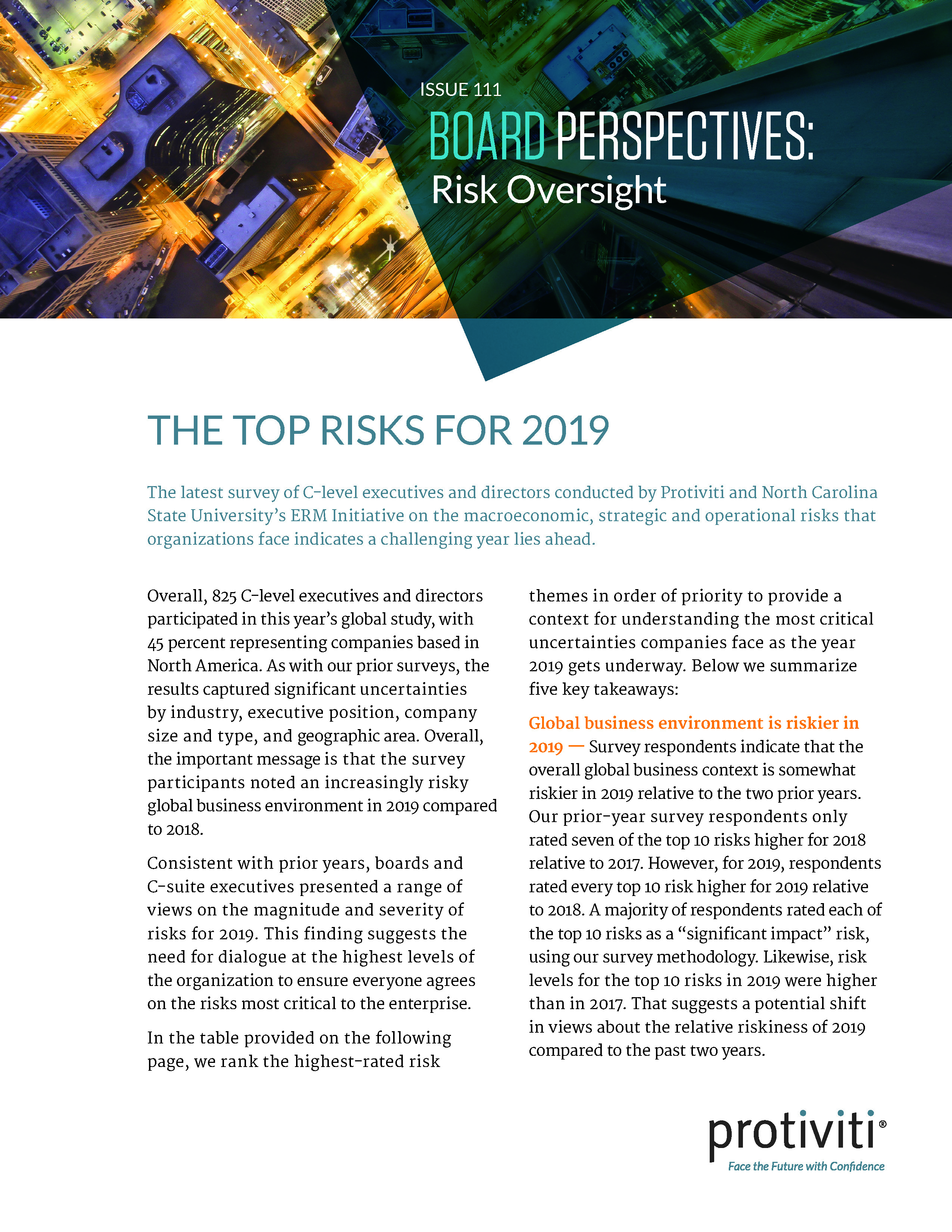 Screenshot of the first page of The Top Risks for 2019
