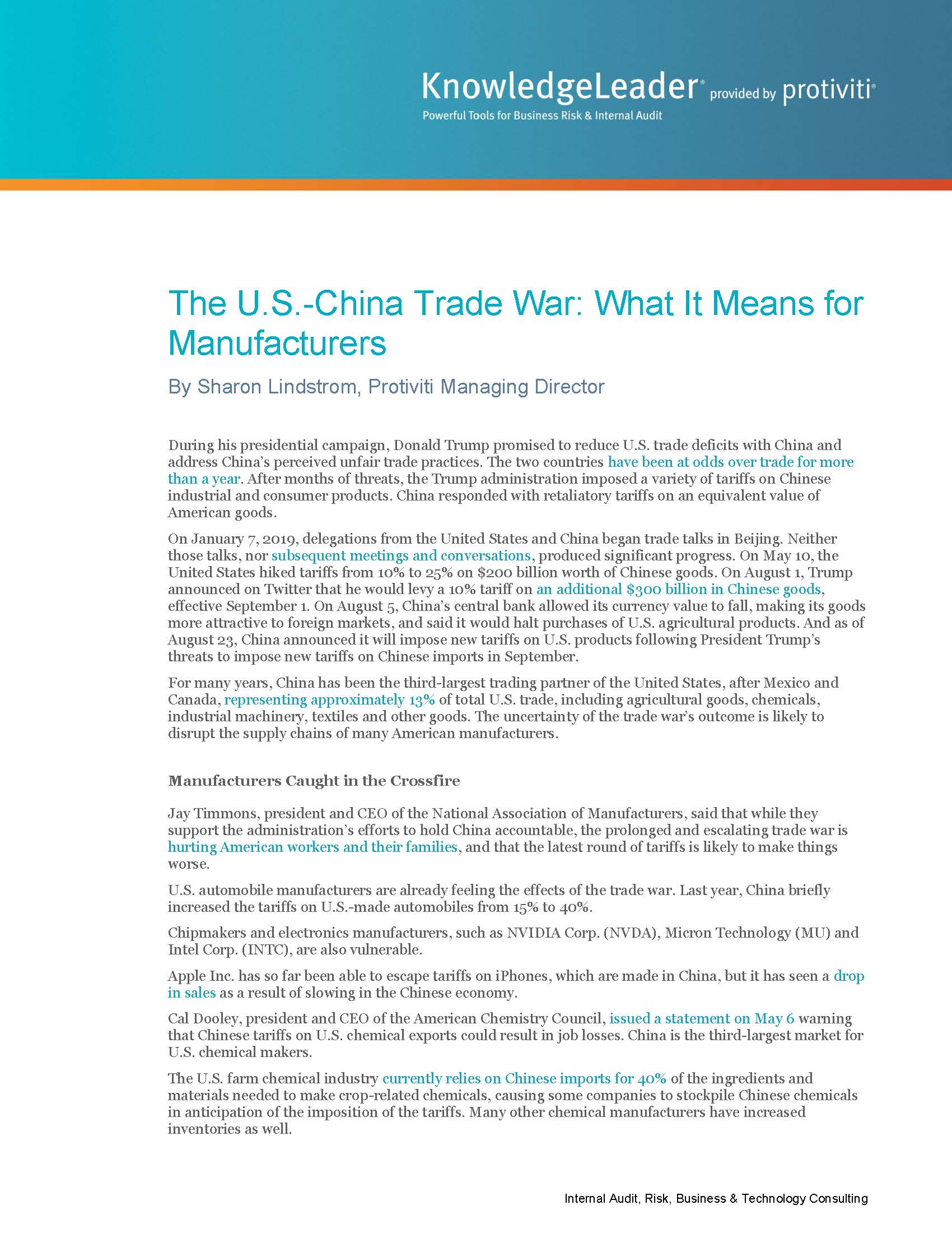 Screenshot of the first page of The U.S.-China Trade War What It Means for Manufacturers
