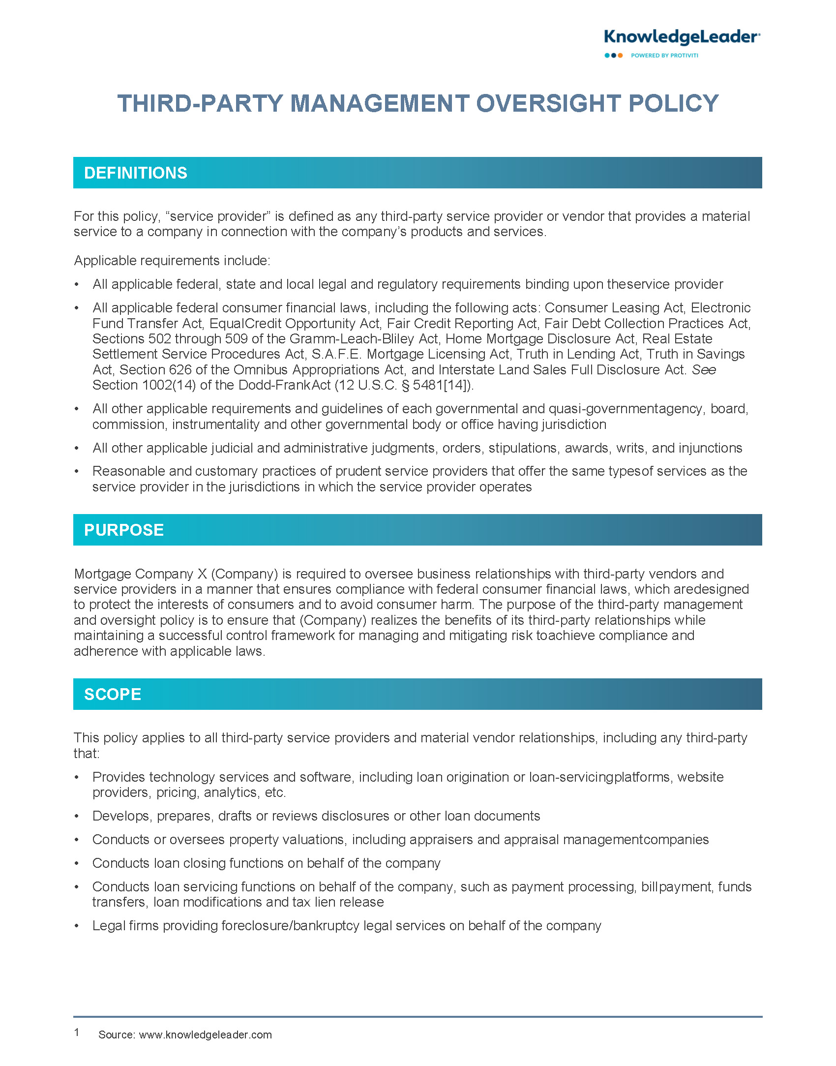 Screenshot of the first page of Third-Party Management Oversight Policy