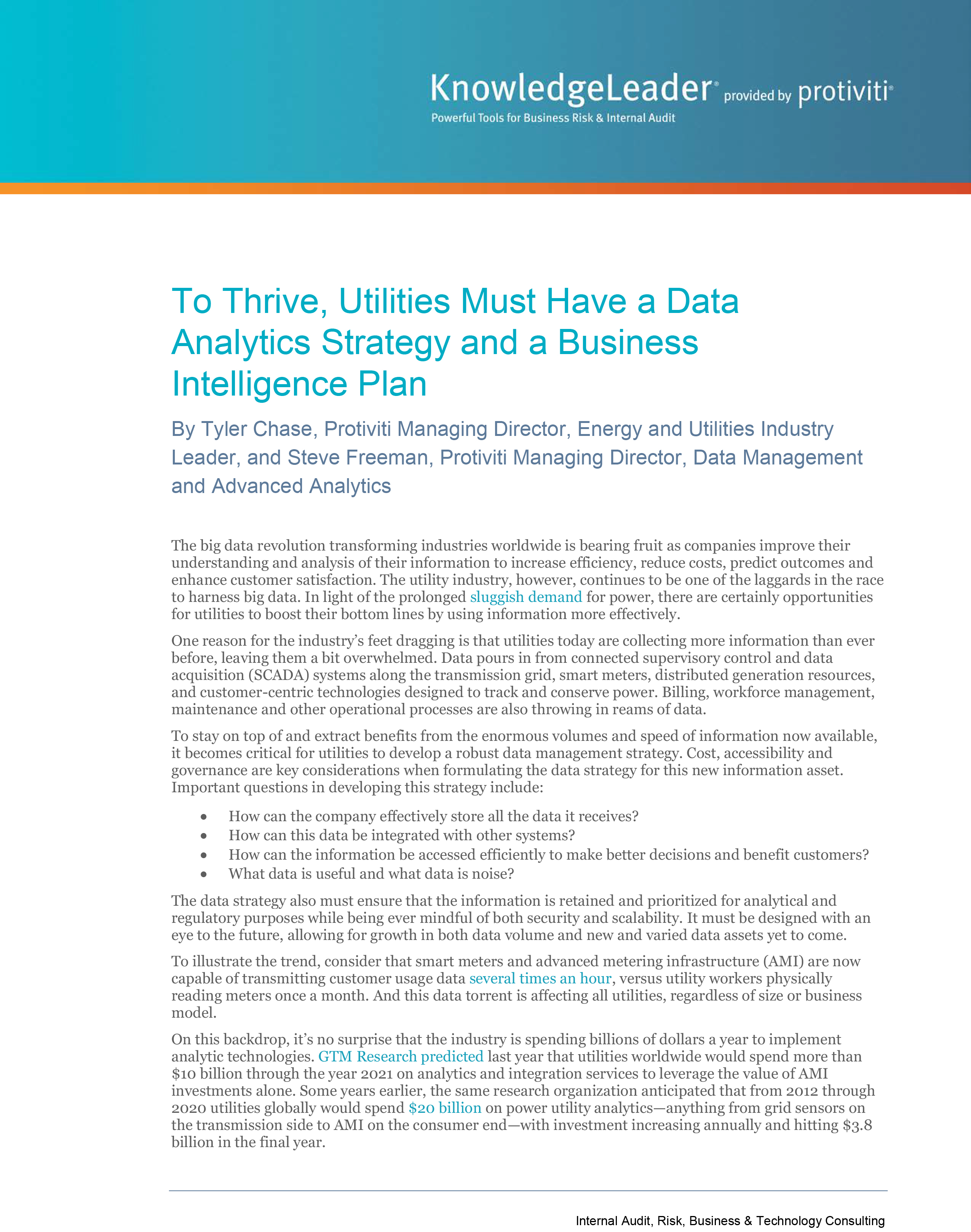 Screenshot of the first page of To Thrive, Utilities Must Have a Data Analytics Strategy and a Business Intelligence Plan