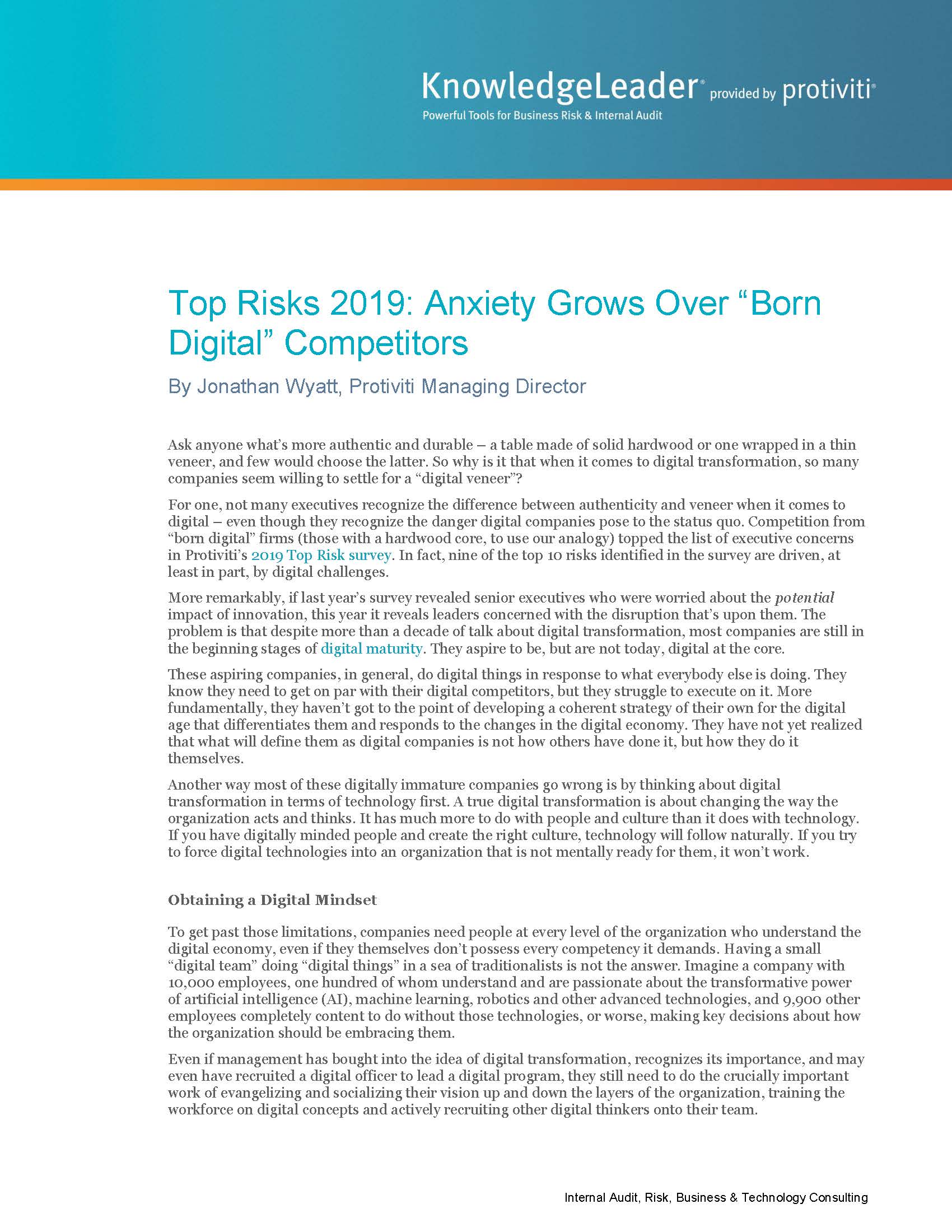 Screenshot of the first page of Top Risks 2019 Anxiety Grows Over ‘‘Born Digital’’ Competitors