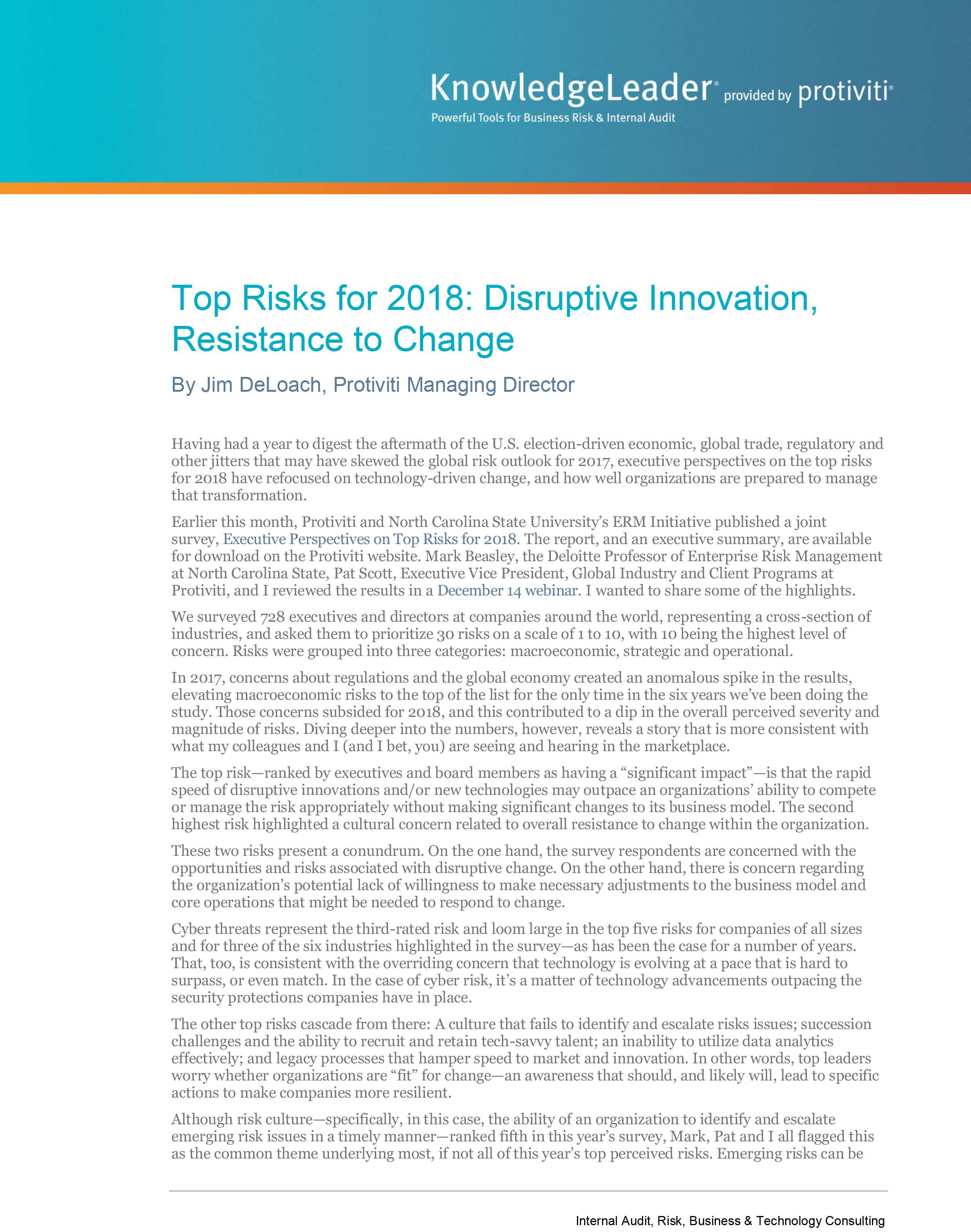 Screenshot of the first page of Top Risks for 2018 - Disruptive Innovation, Resistance to Change
