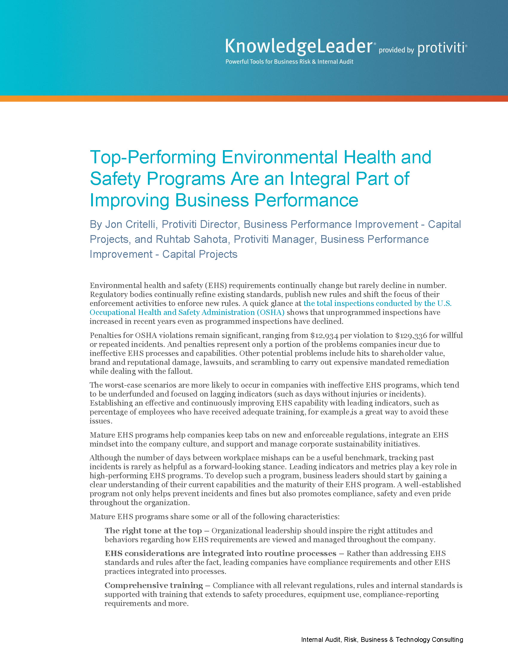 Screenshot of the first page of Top-Performing Environmental Health and Safety Programs Are an Integral Part of Improving Business Performance