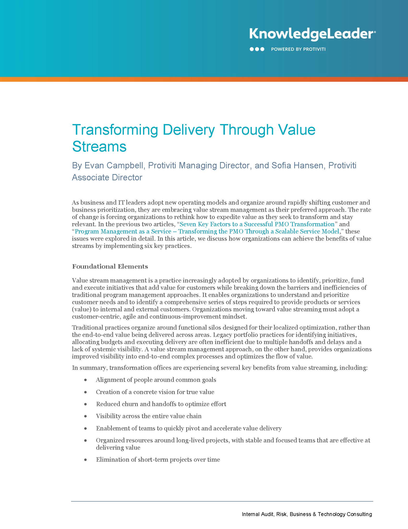 Screenshot of the first page of Transforming Delivery Through Value Streams