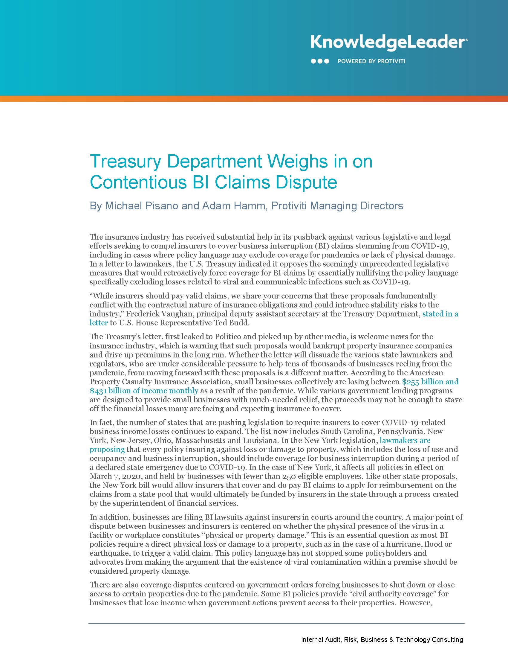 Screenshot of first page of Treasury Department Weighs in on Contentious BI Claims Dispute