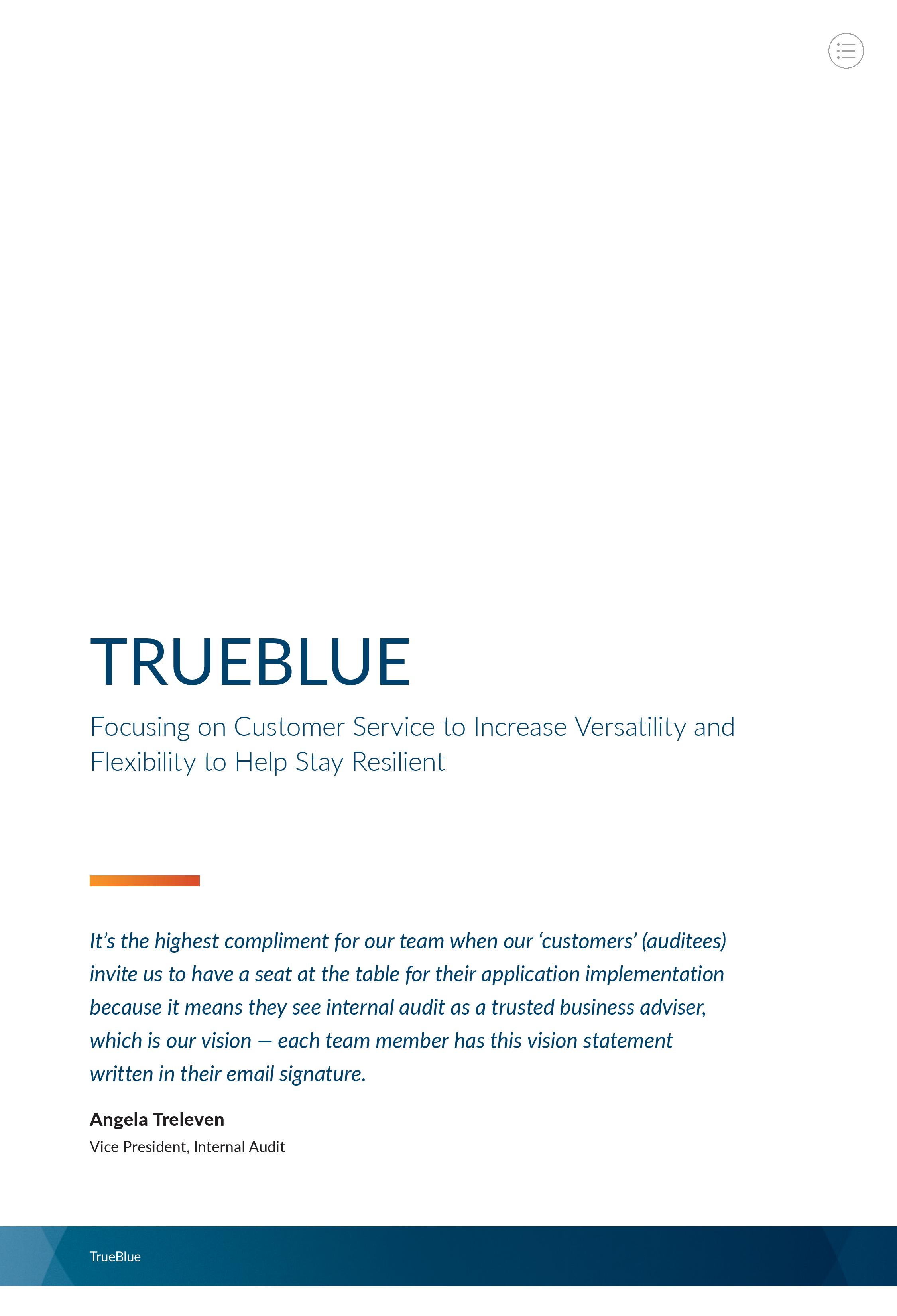 Screenshot of the first page of TrueBlue Inc.: Focusing on Customer Service to Increase Versatility and Flexibility to Help Stay Resilient