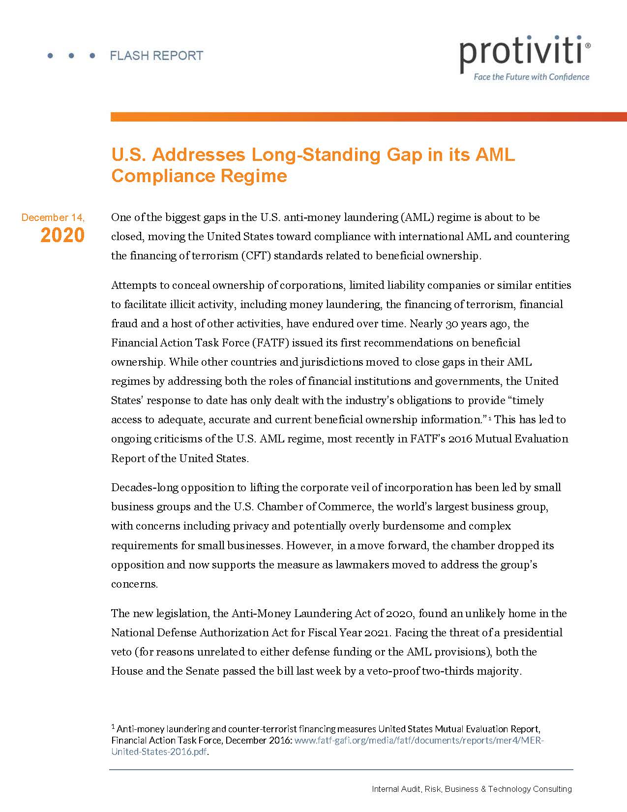 Screenshot of the first page of U.S. Addresses Long-Standing Gap in its AML Compliance Regime
