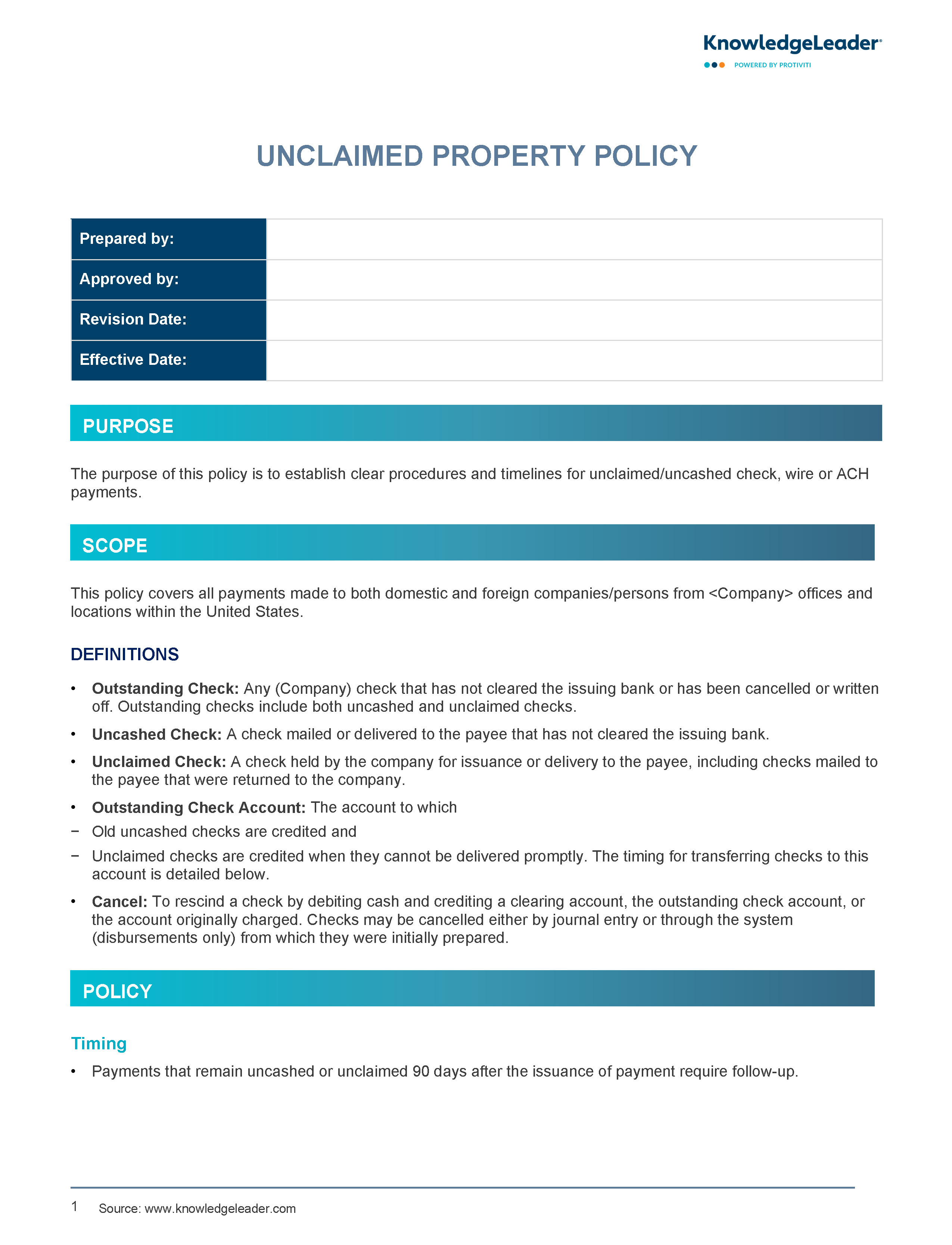 Screenshot of the first page of Unclaimed Property Policy