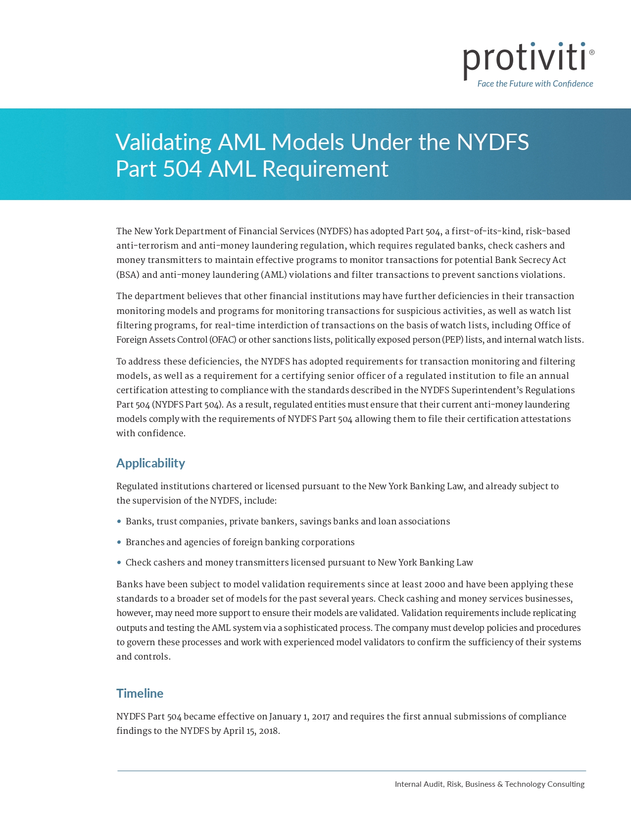 Screenshot of the first page of Validating AML Models Under NYDFS Part 504 AML Requirement