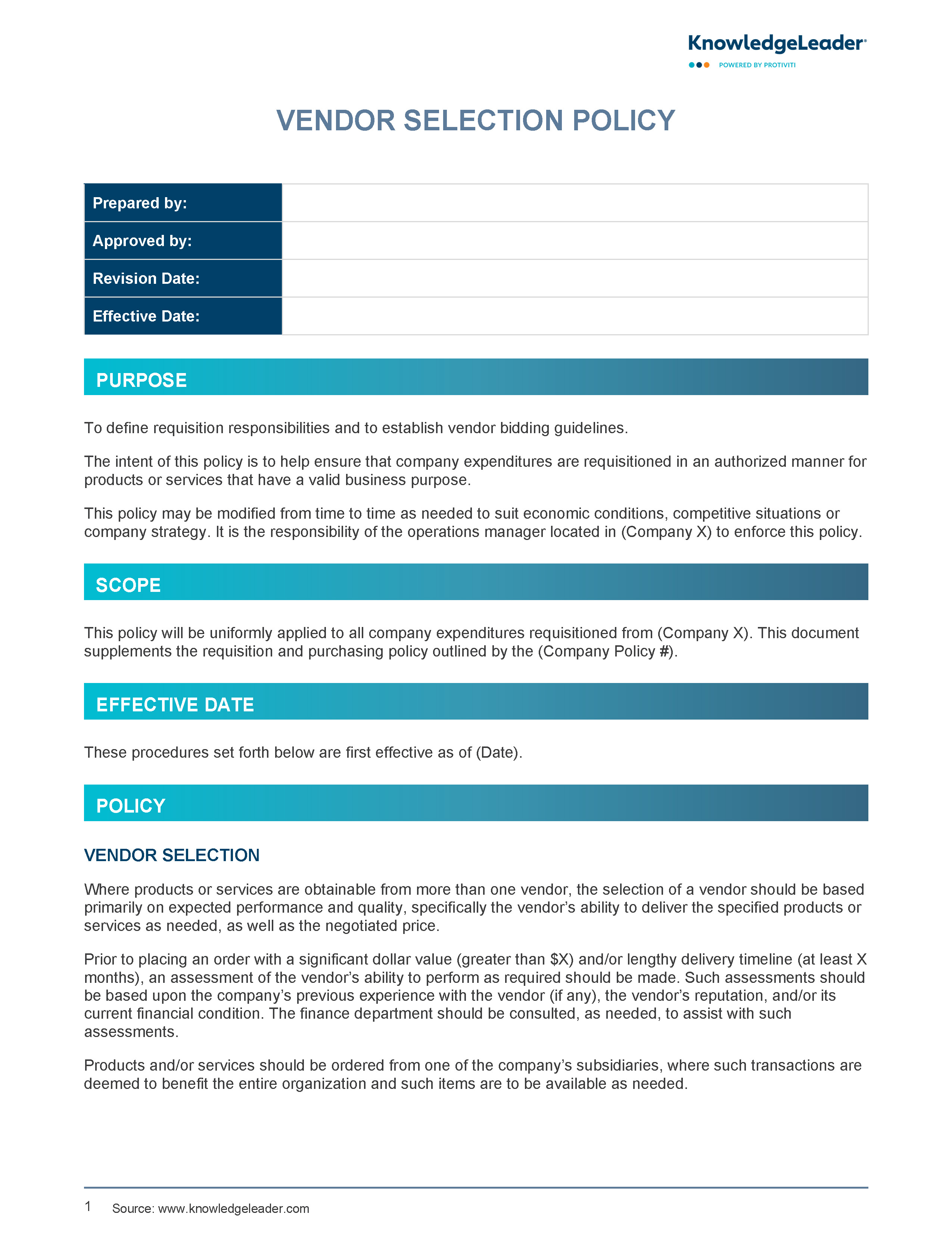 Screenshot of the first page of Vendor Selection Policy
