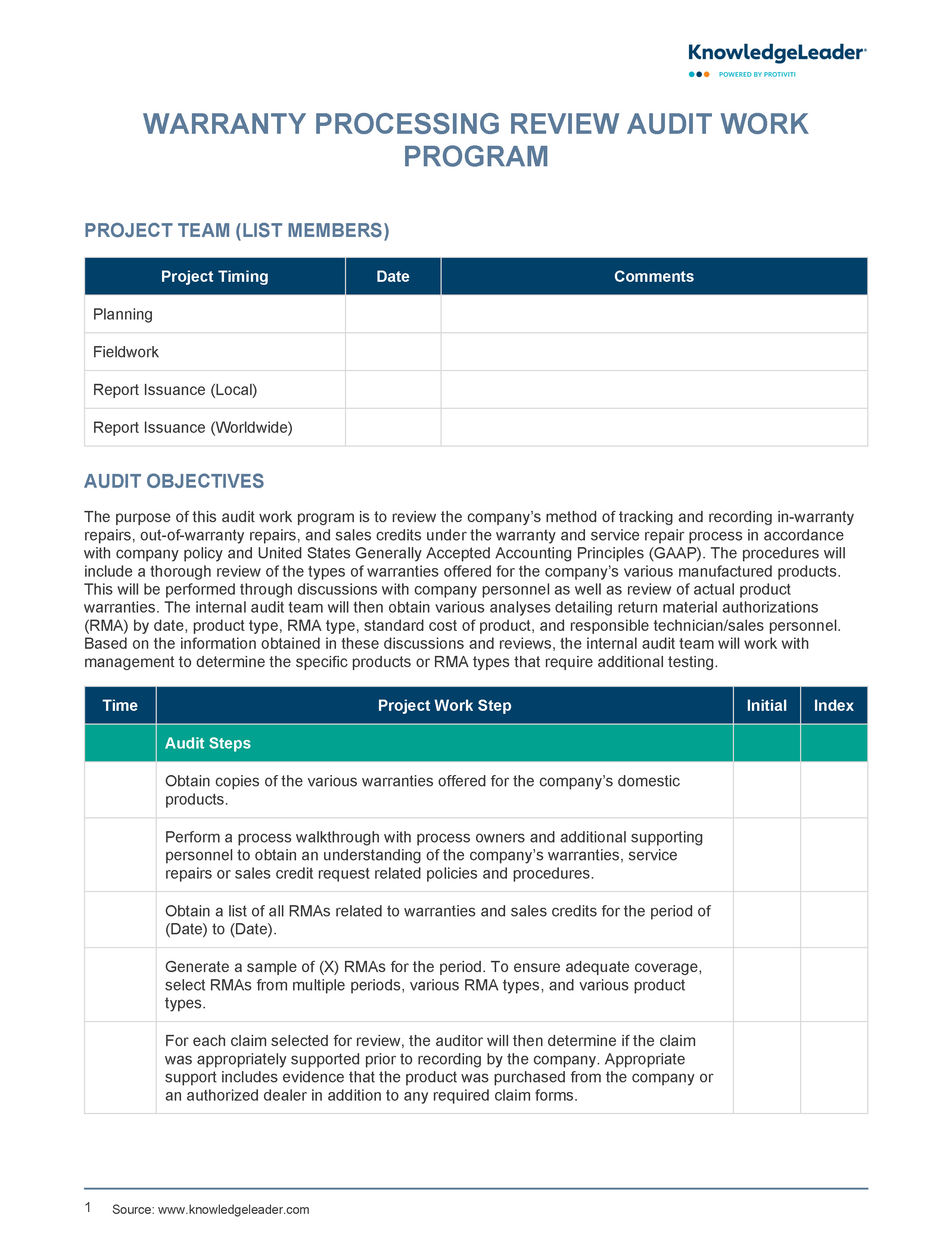 Screenshot of the first page of Warranty Processing Review Audit Work Program