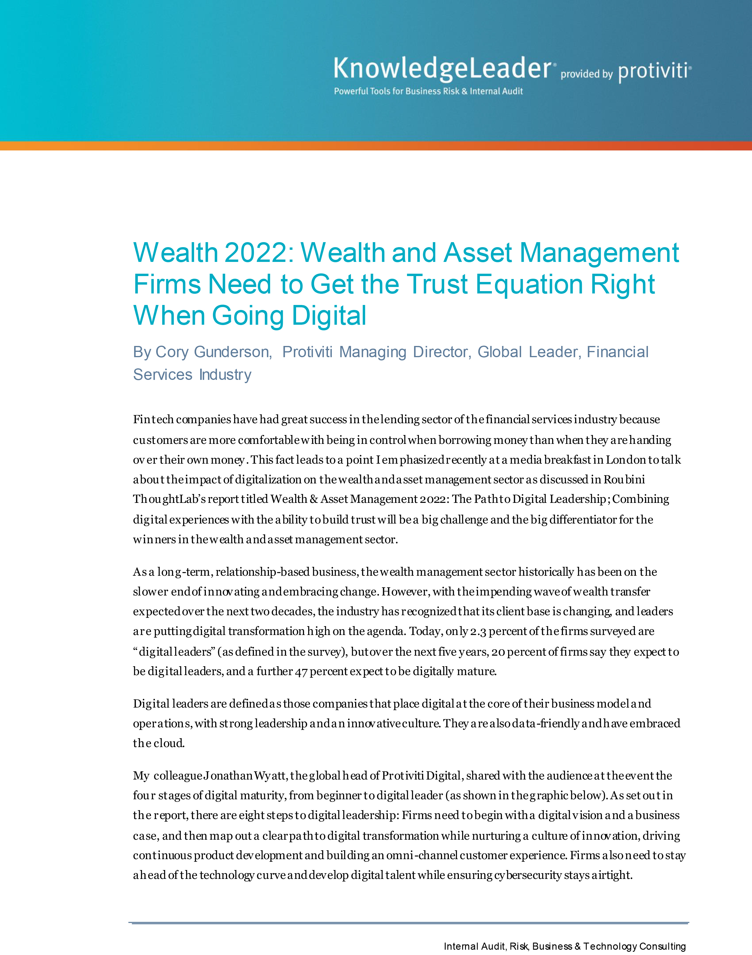 Screenshot of the first page of Wealth 2022: Wealth and Asset Management Firms Need to Get the Trust Equation Right When Going Digital