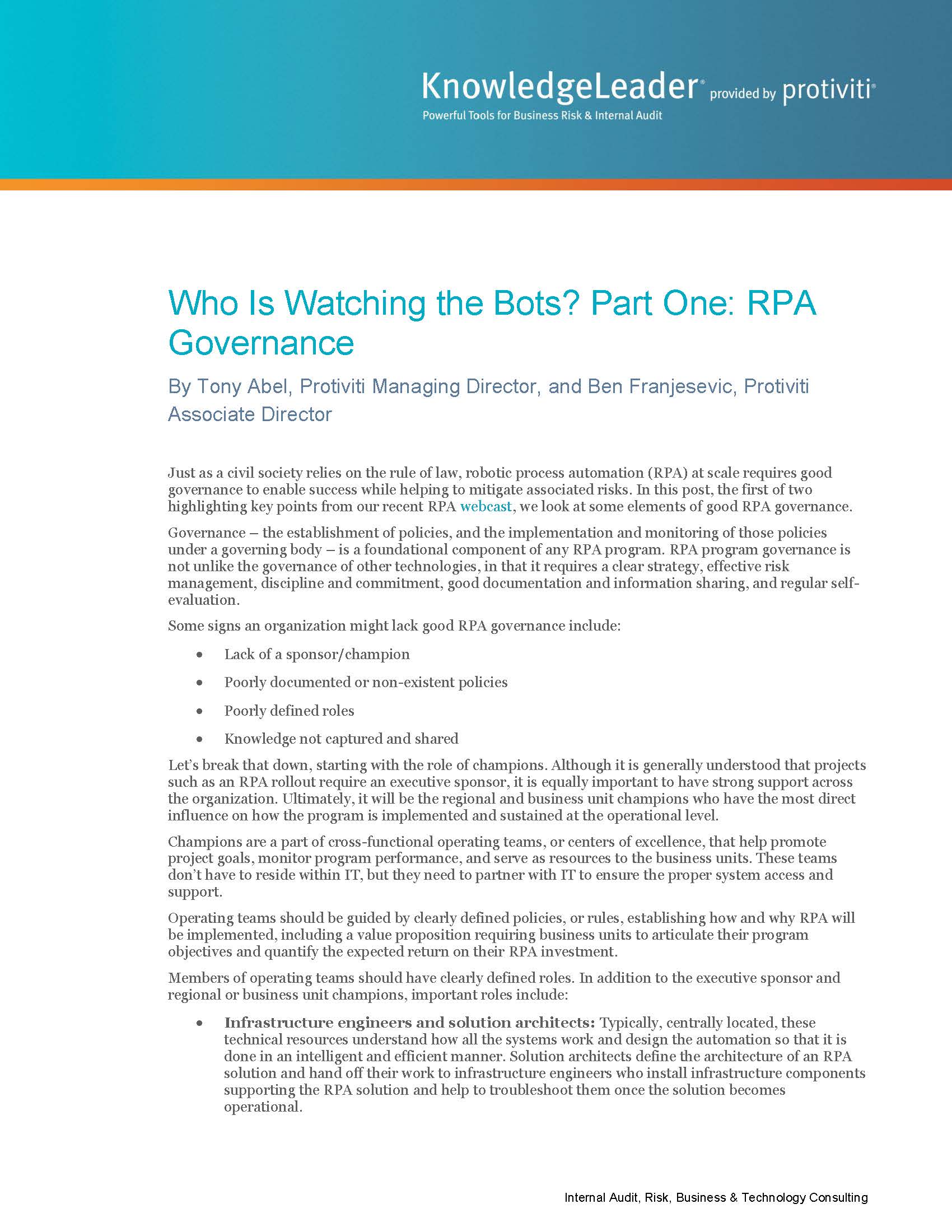 Screenshot of the first page of Who Is Watching the Bots? Part One: RPA Governance